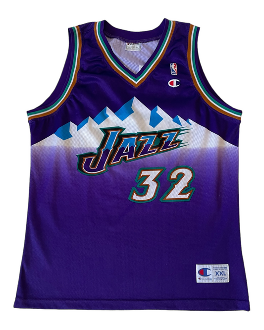 Vintage Utah Jazz Karl Malone Champion #32 Away Jersey NBA Basketball 1996 - 2003 Purple Blue White Green Size XXL