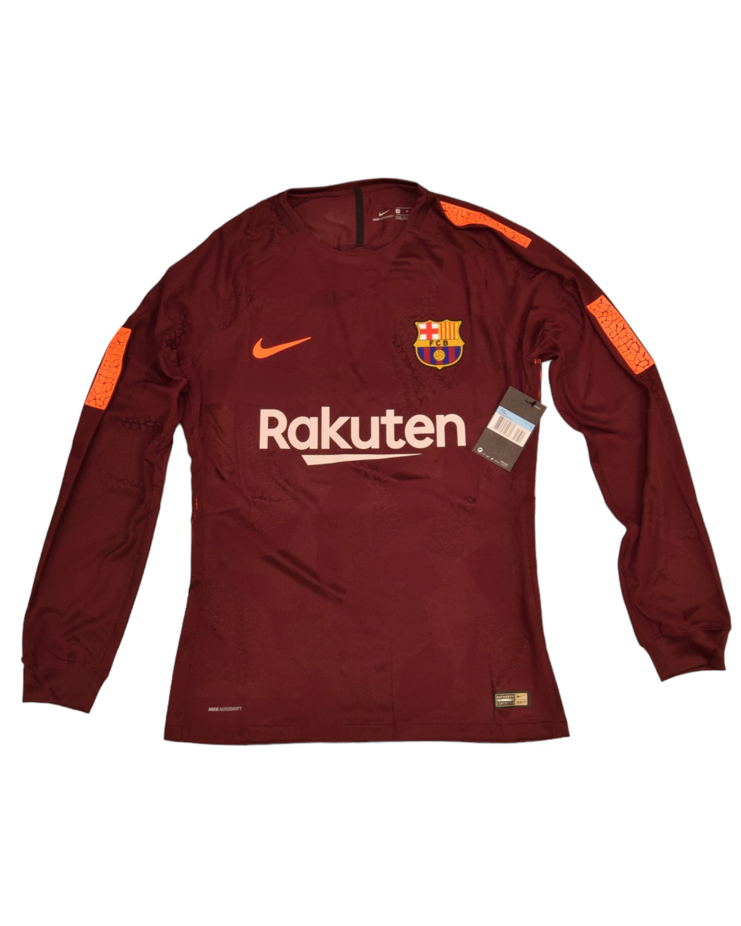 Authentic New FC Barcelona Nike Aeroswift Player Issue Away Third Football Shirt 2017 - 2018 Long Sleeves BNWT Deadstock Maroon Orange Size M Red Blue Rakuten Unicef