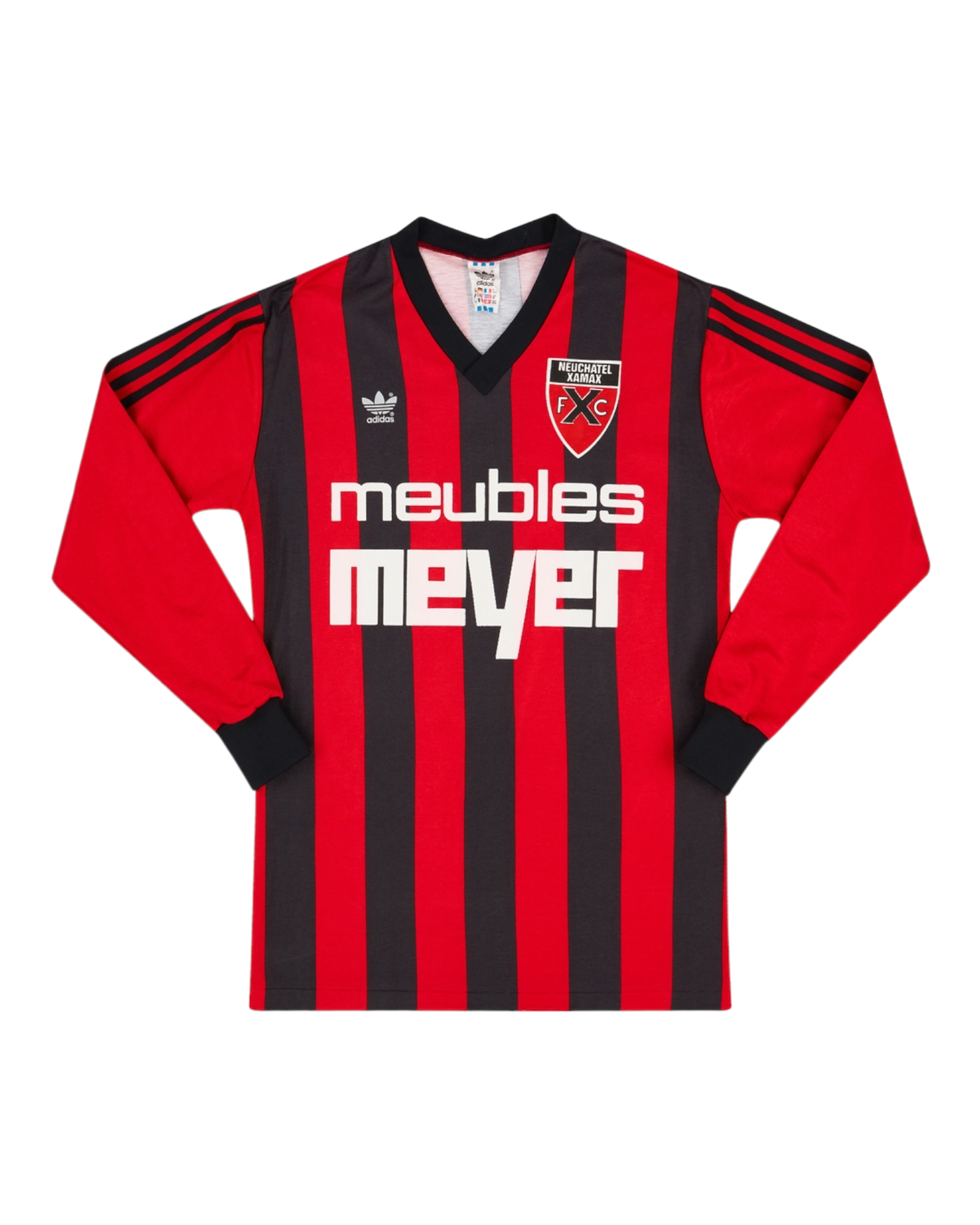 Neuchatel Xamax Adidas 1985-1987 Home Football Shirt Meubles Meyer Long Sleeves Red Black Made in Western Germany