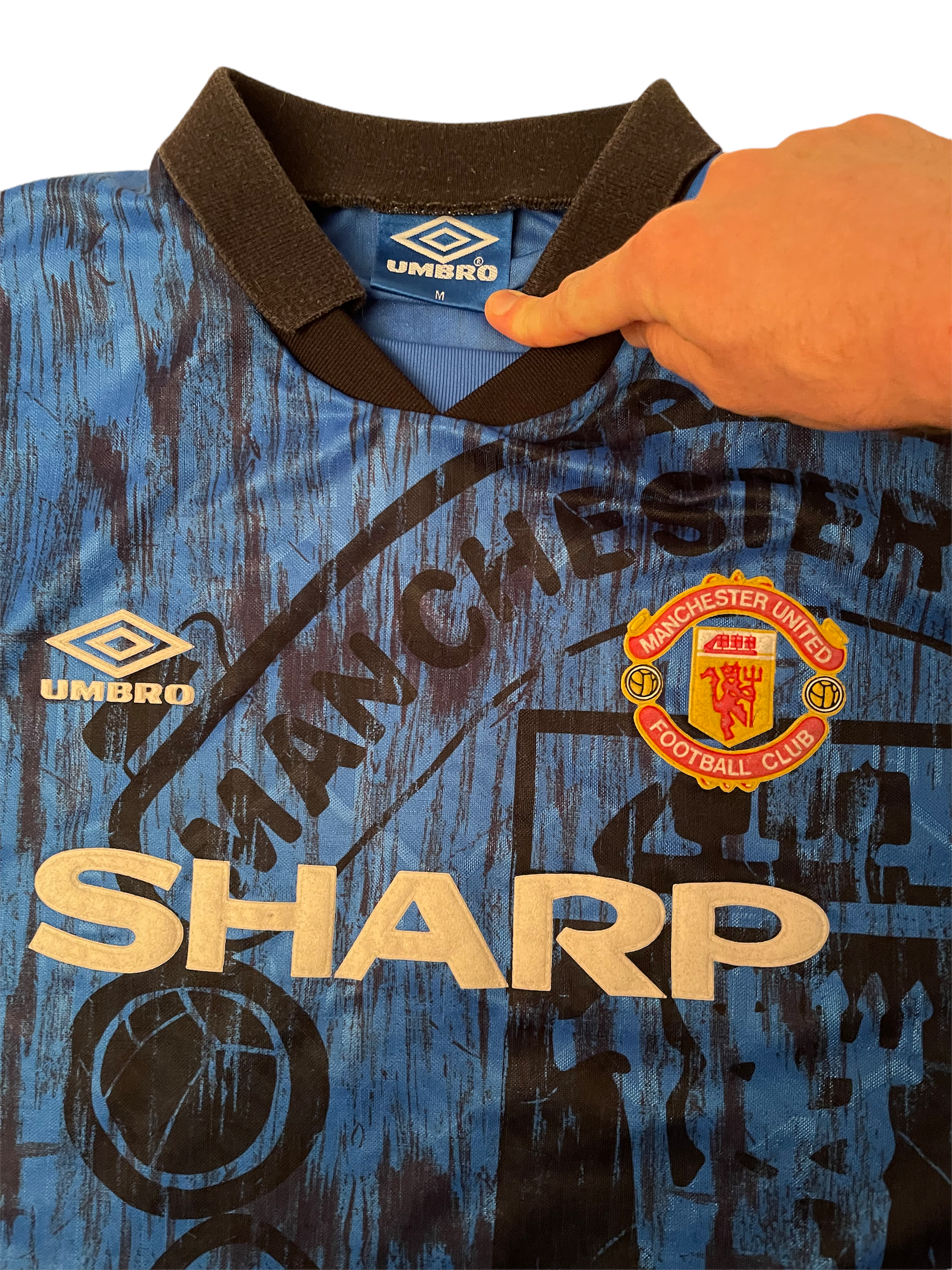Vintage Manchester United Umbro Away Football Shirt 1992-1993 Blue Size M Sharp