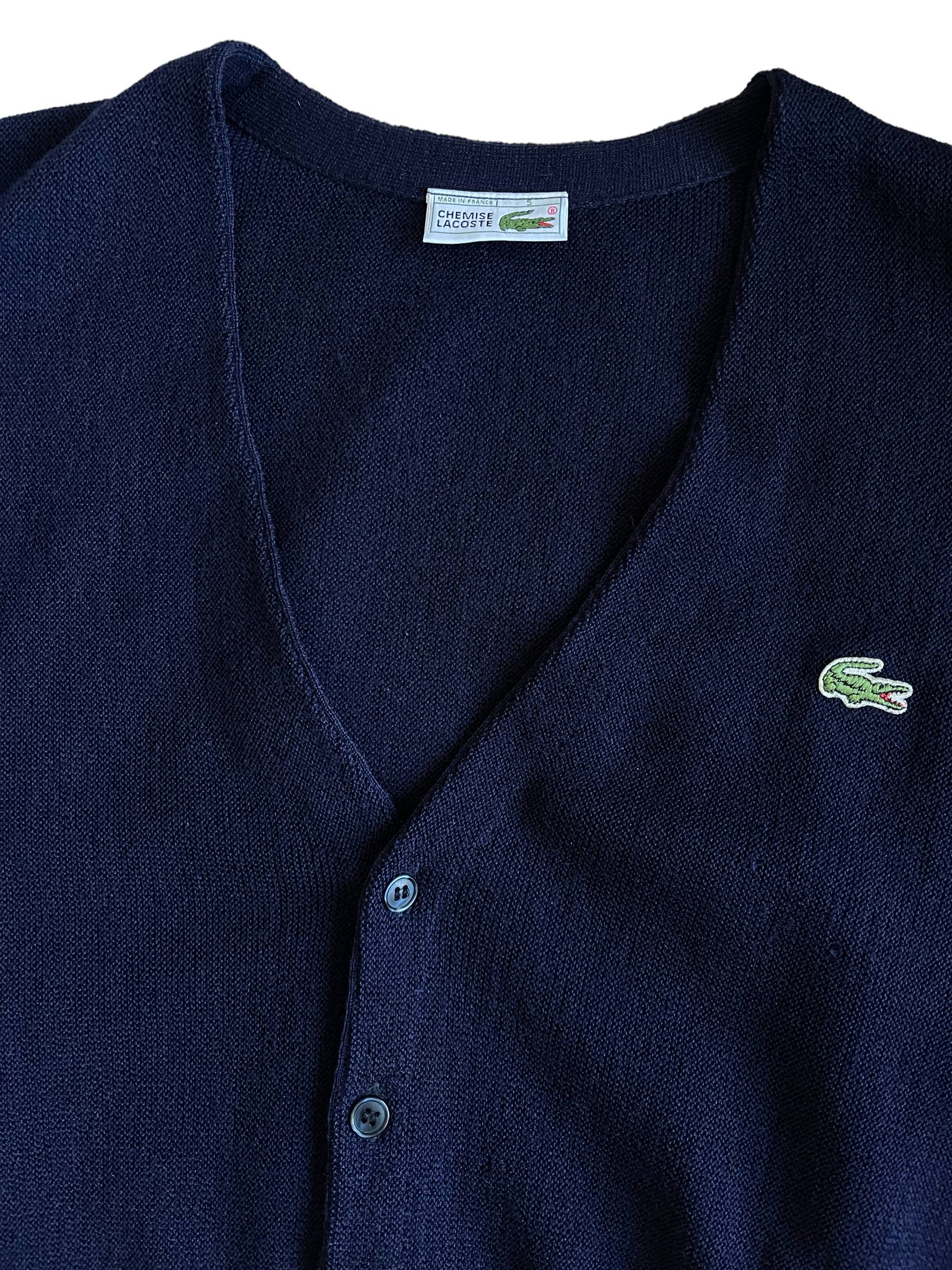 Vintage 80's Lacoste Cardigan Made in France Navy Blue 100% Wool