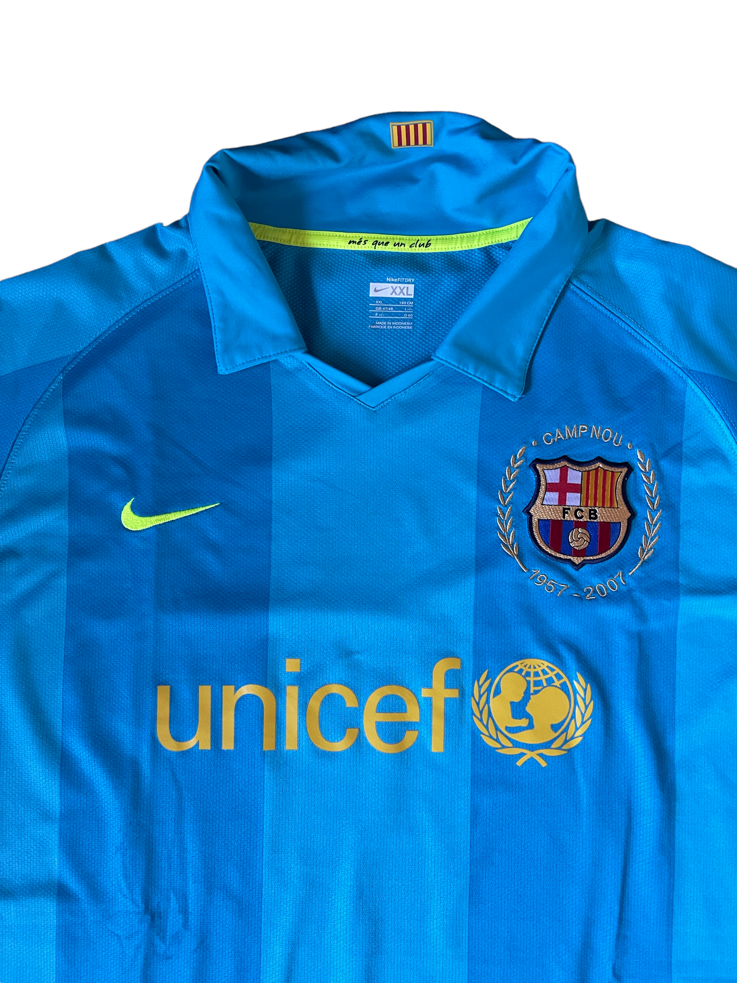Barcelona Nike 2007-2008 Camp Nou 1957-2007 Away Football Shirt Unicef Blue Size XXL