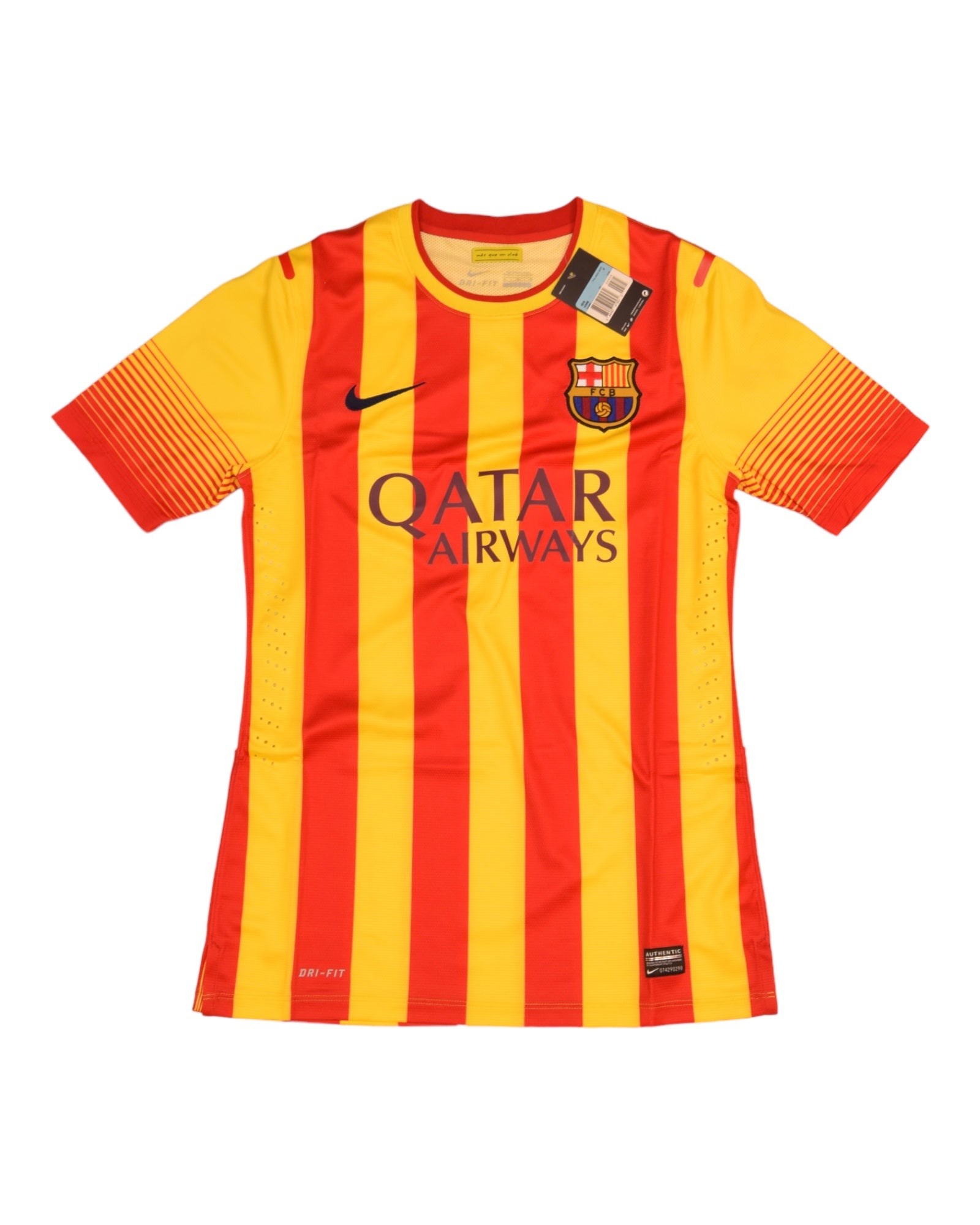 Authentic New Barcelona Nike DRI - FIT Player Issue Away 2013-2014 Away Football Shirt BNWT Deadstock Qatar Airways Unicef Yellow Red Stripes Size L Long Sleeves Dri-Fit