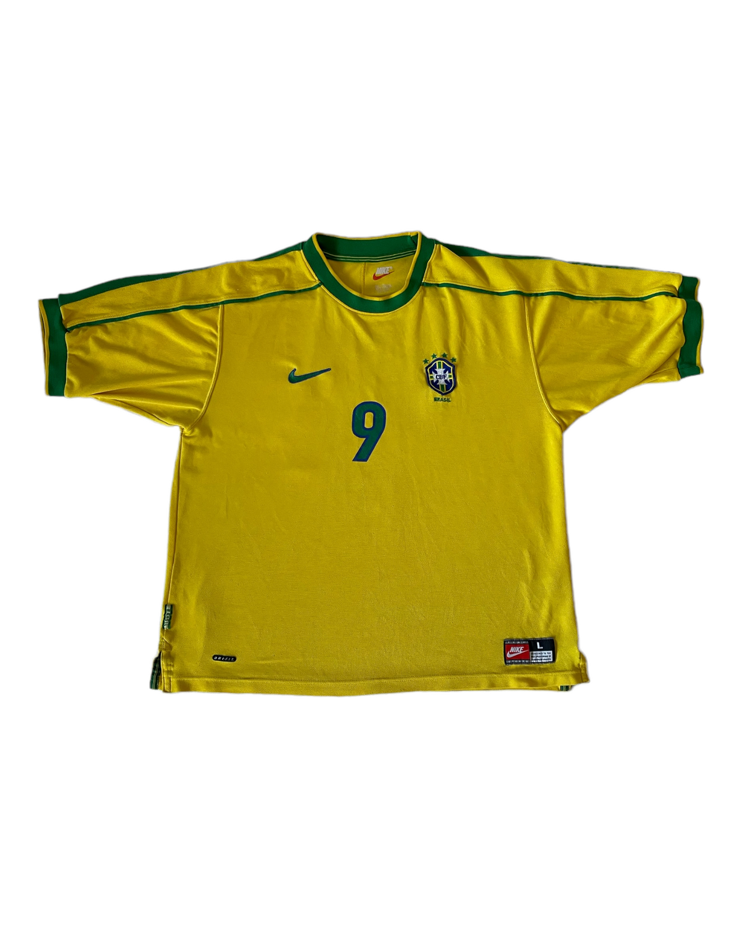 Ronaldo Luis Nazario de Lima Brasil Brazil Nike 1998-1999 Home Football Shirt #9 Yellow Size L Made in UK