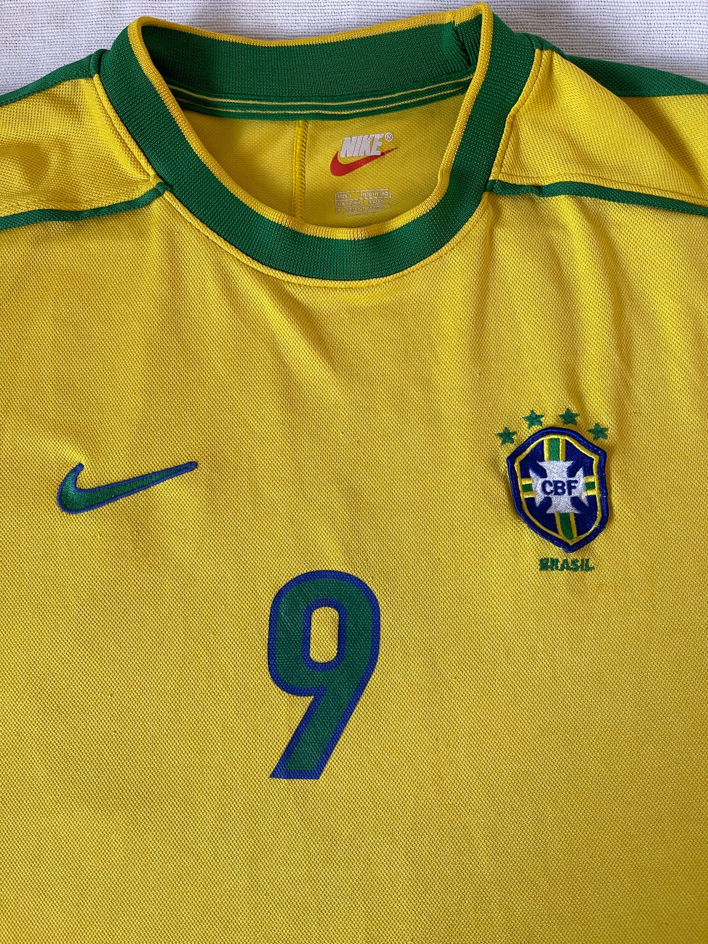 Ronaldo Luis Nazario de Lima Brasil Brazil Nike 1998-1999 Home Football Shirt #9 Yellow Size L Made in UK