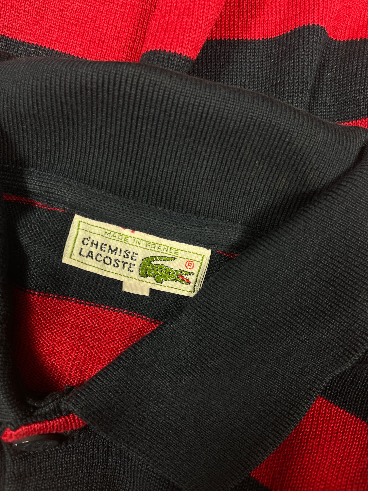Vintage 80's Lacoste Chemise Jumper - Polo Size M 100 % Cotton Navy Blue Red Stripes