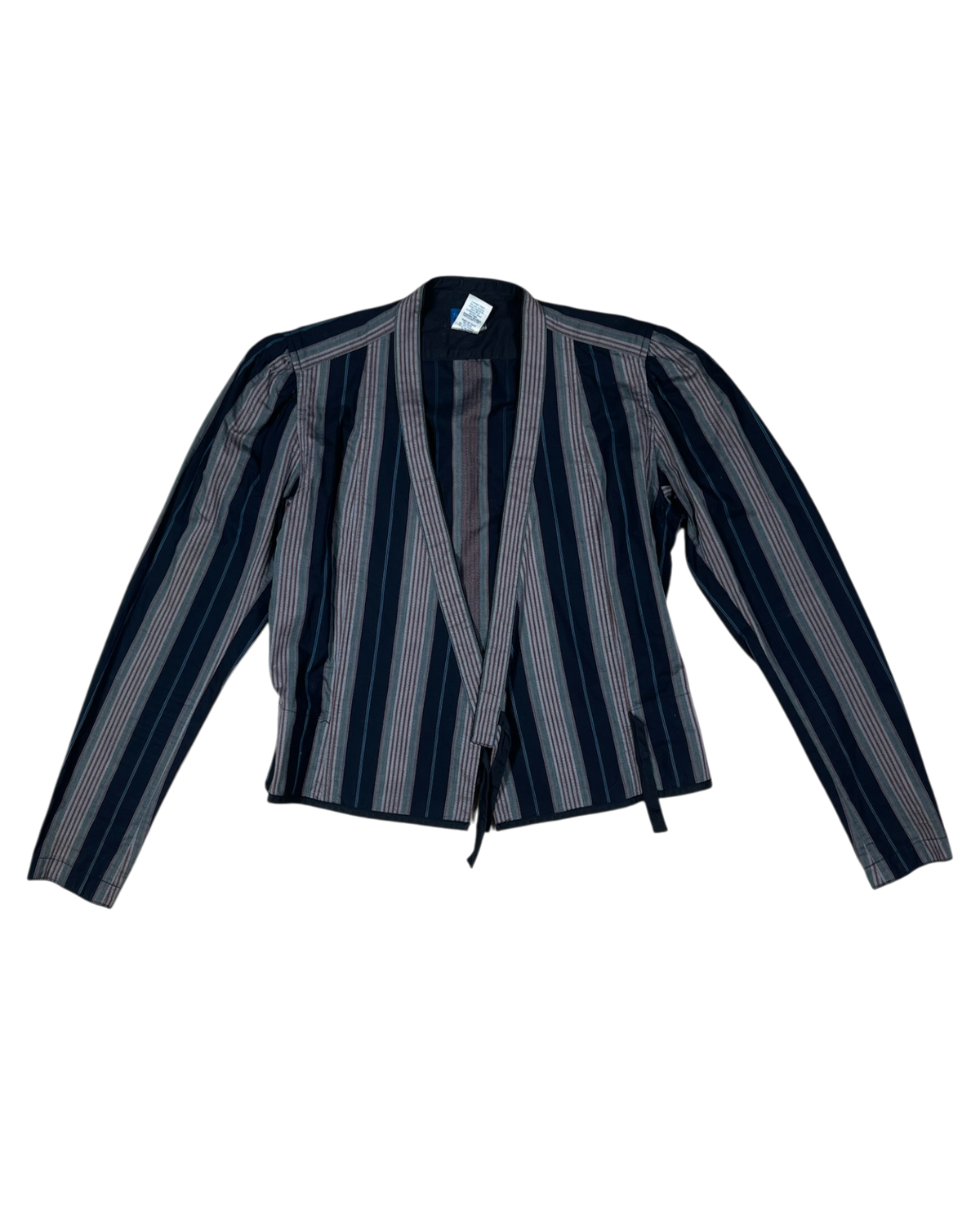 80's Vintage Kenzo Paris Wrap Blouse Made in France Multi Stripe Print Size S Cotton Blue Grey Taupe