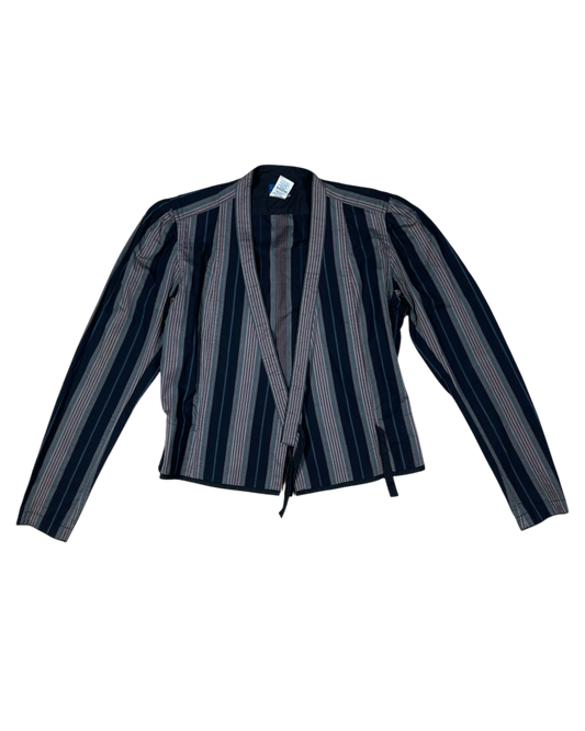 80's Vintage Kenzo Paris Wrap Blouse Made in France Multi Stripe Print Size S Cotton Blue Grey Taupe