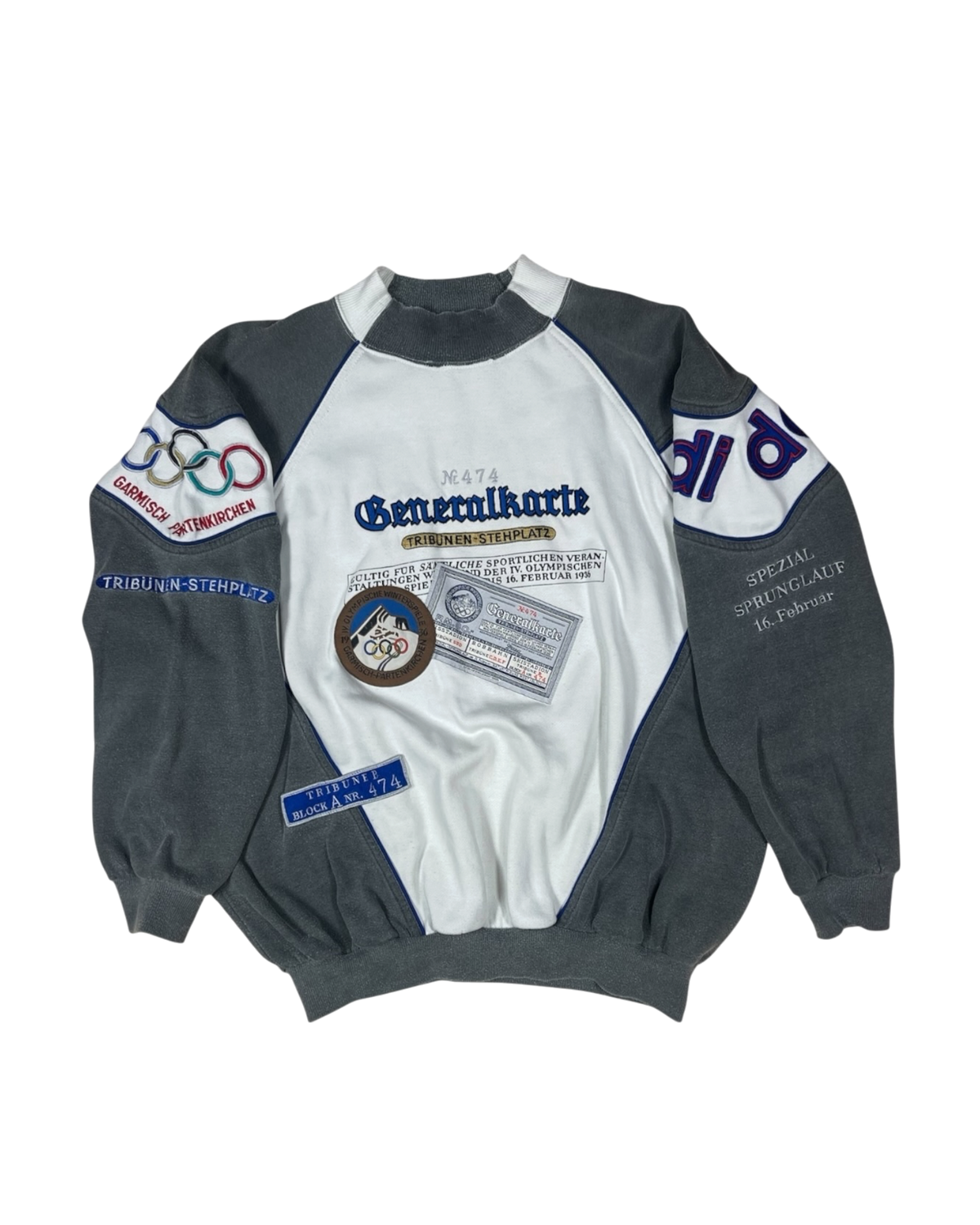 80s 90s Adidas Garmisch 1936 Winter Olympics Sweatshirt Olympische Winterspiele Partenkirchen Tribunen Stehplatz Spezial Sprunglaf 16 February Size M-L