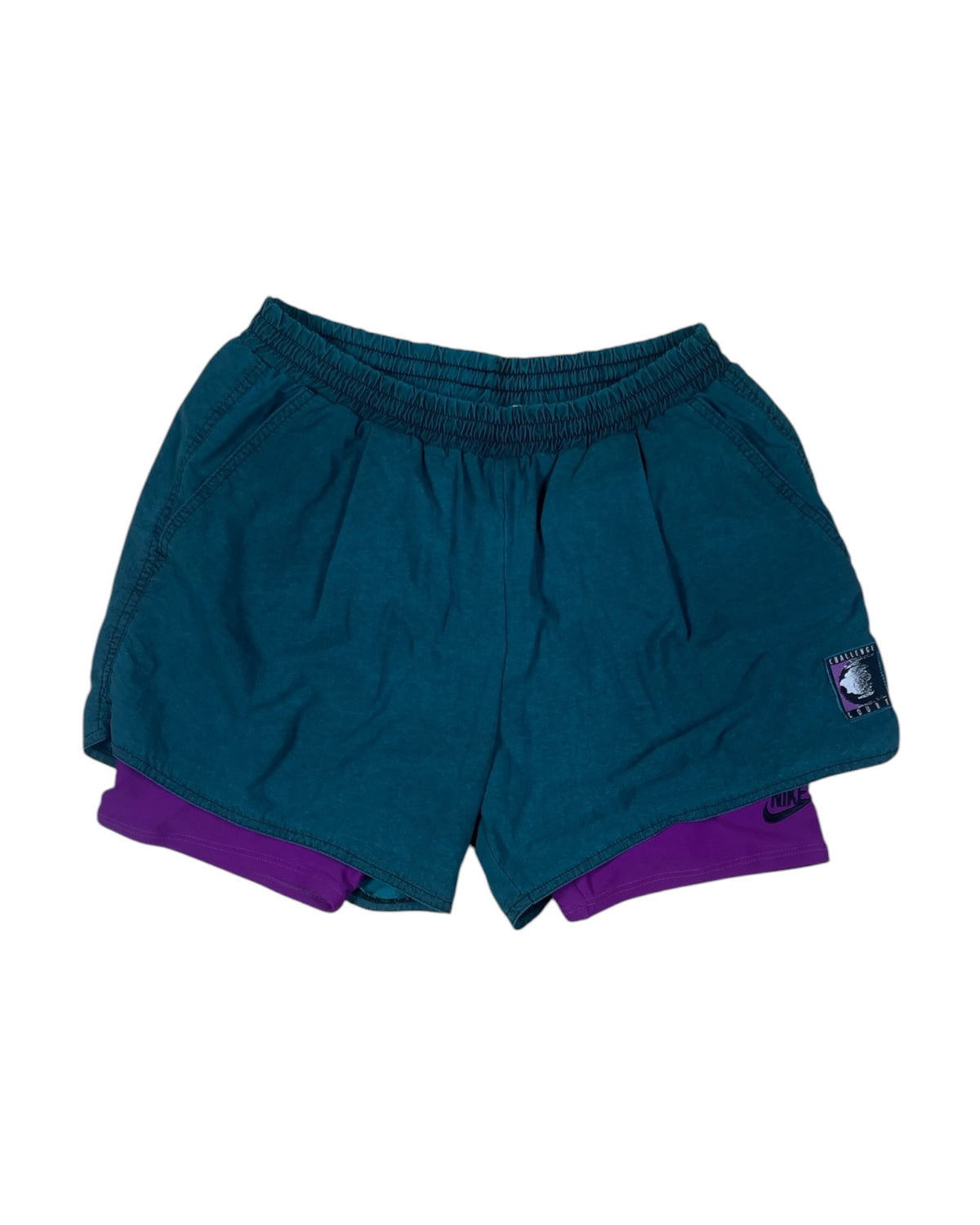 90's Nike Challenge Court Tennis Shorts With Leggins Attached Andre Agassi Nylon Made in Taiwan Size M Turquoise Purple