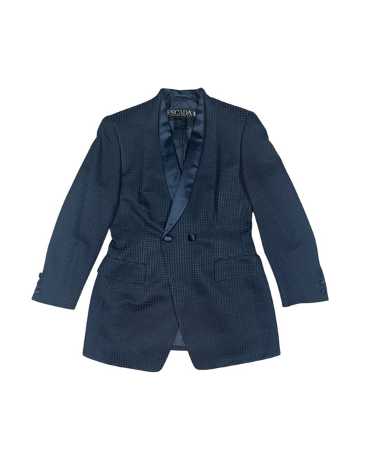 Vintage 90s Escada Margaretha Ley Power Blazer Jacket – Evening Wear Luxury, Structured Shoulders, Sculpted Hourglass Silhouette with Pronounced Darts, Tailored Fitted Cambré Cut, Elongated Shawl Collar Tuxedo Style, Textured Jacquard, Made in Germany