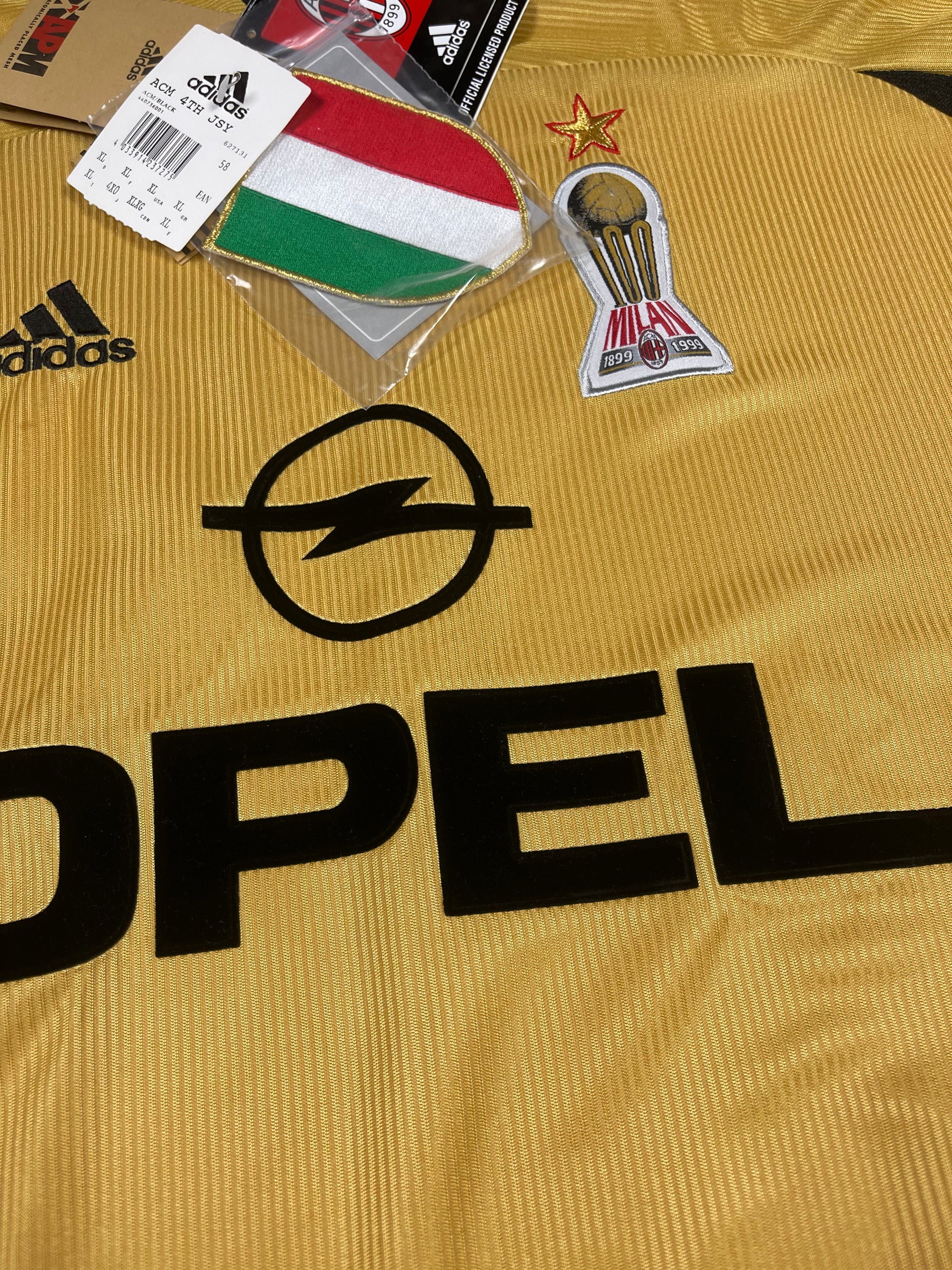 BNWT New Vintage Authentic AC Milan Adidas 1999 - 2000 Fourth Football Shirt Anniversary Centenary 1899 1999 OPEL Size XL Made in Italy Gold Climalite Deadstock