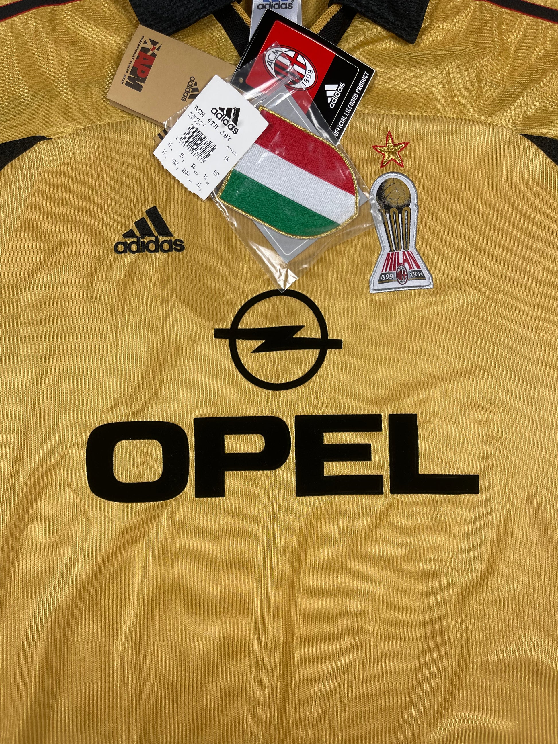 BNWT New Vintage Authentic AC Milan Adidas 1999 - 2000 Fourth Football Shirt Anniversary Centenary 1899 1999 OPEL Size XL Made in Italy Gold Climalite Deadstock