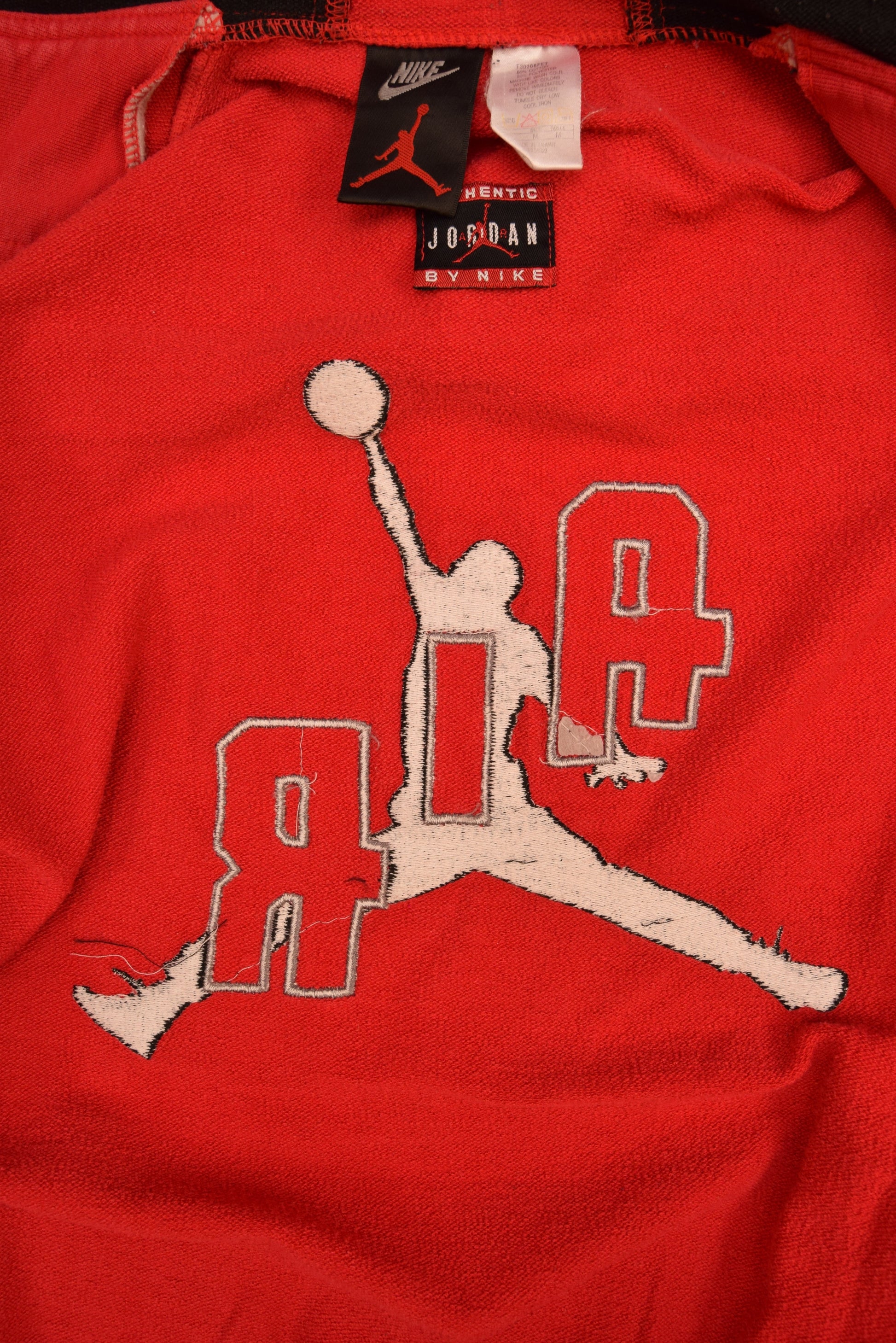 Vintage 90's Nike Air Jordan Hooded Varsity Jacket Size M Heavy Cotton Red Black