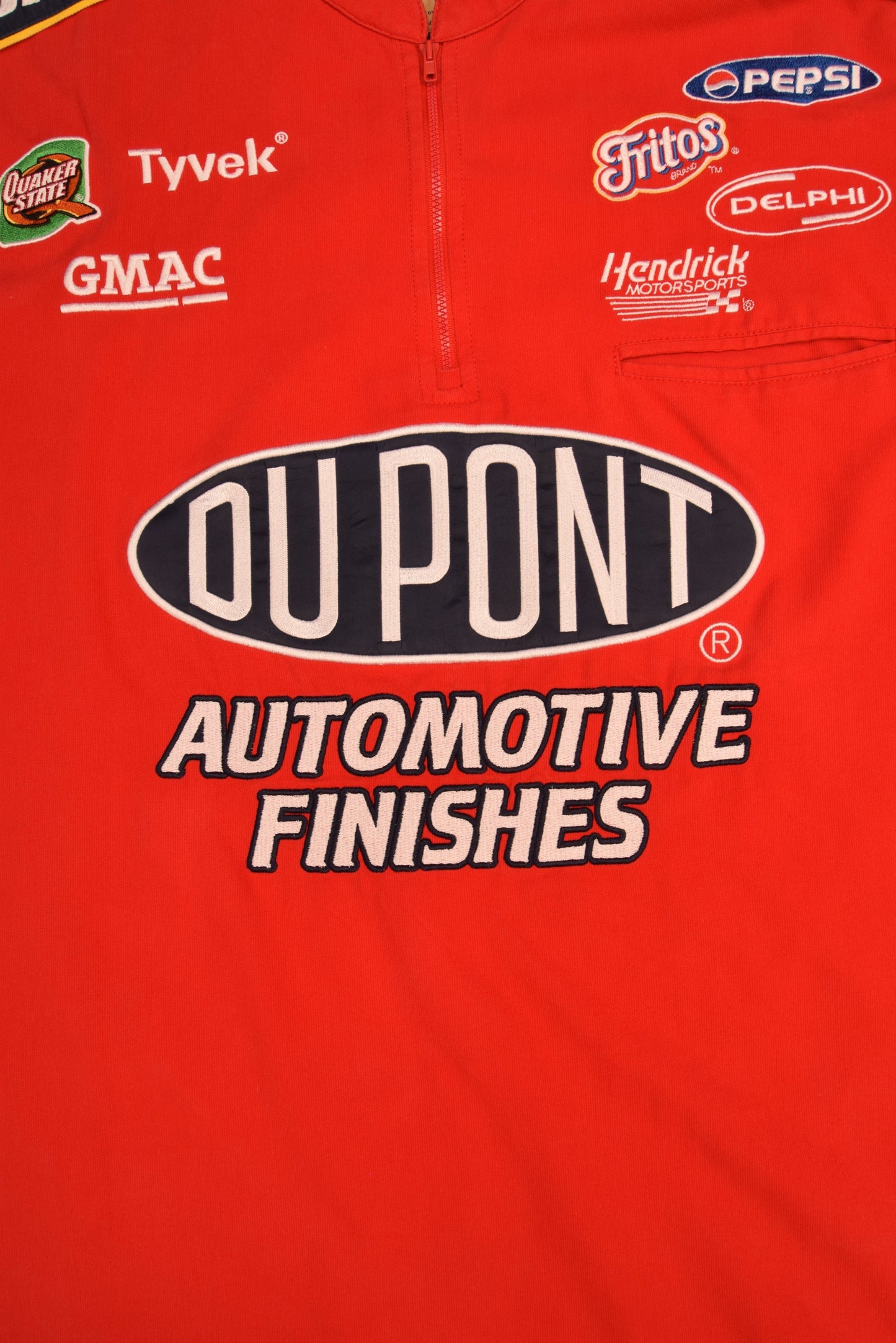 Vintage Nascar Racing Chase Authentics Drivers Line Jeff Gordon T-Shirt / Jersey Quarter Zip 1/4 Dupont Automotive Finishes Pepsi Fritos Tyvek Flames Red Size XL