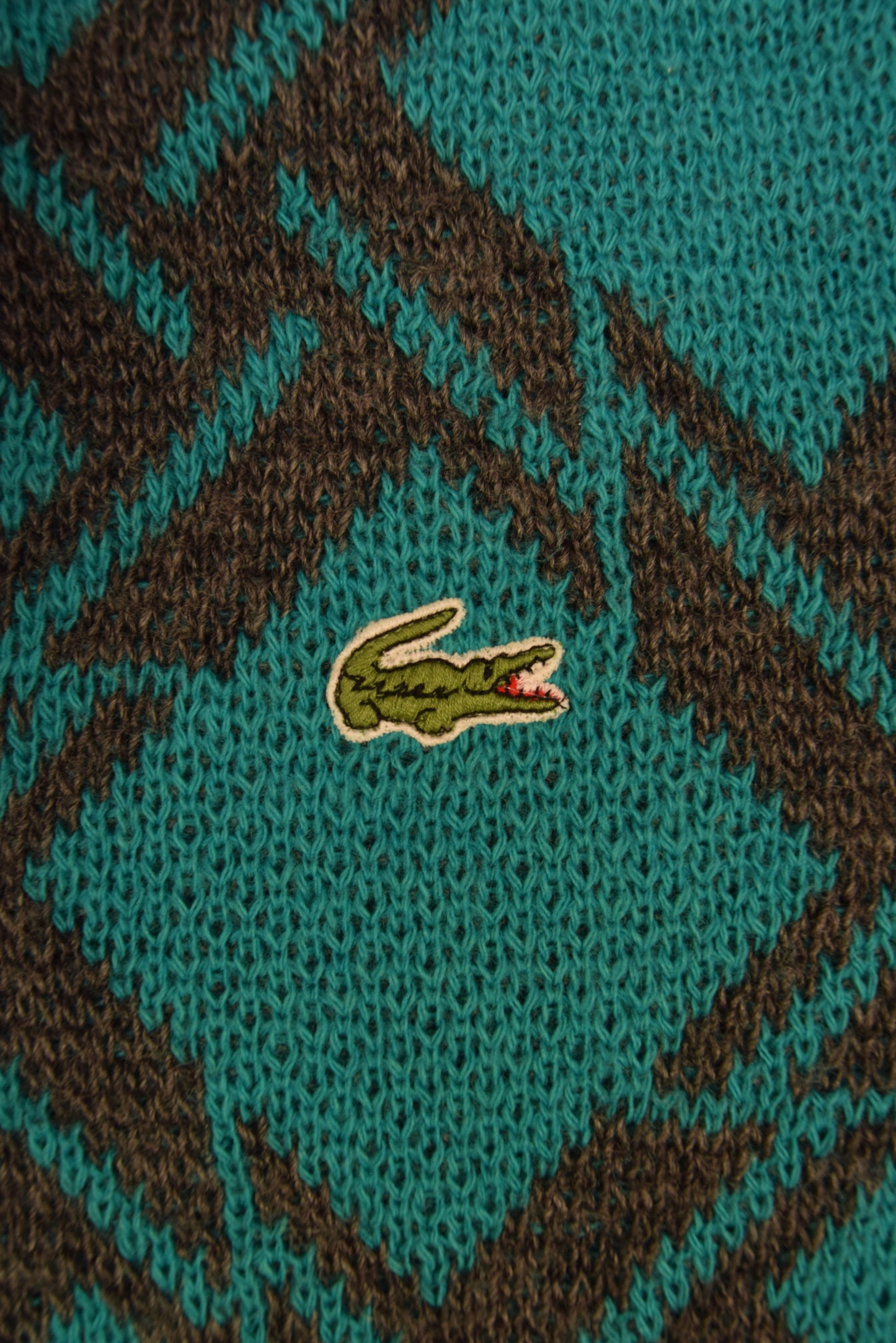 Vintage 80's Lacoste Jumper Made in France Green Grey Abstract Pattern Wool Size M-L