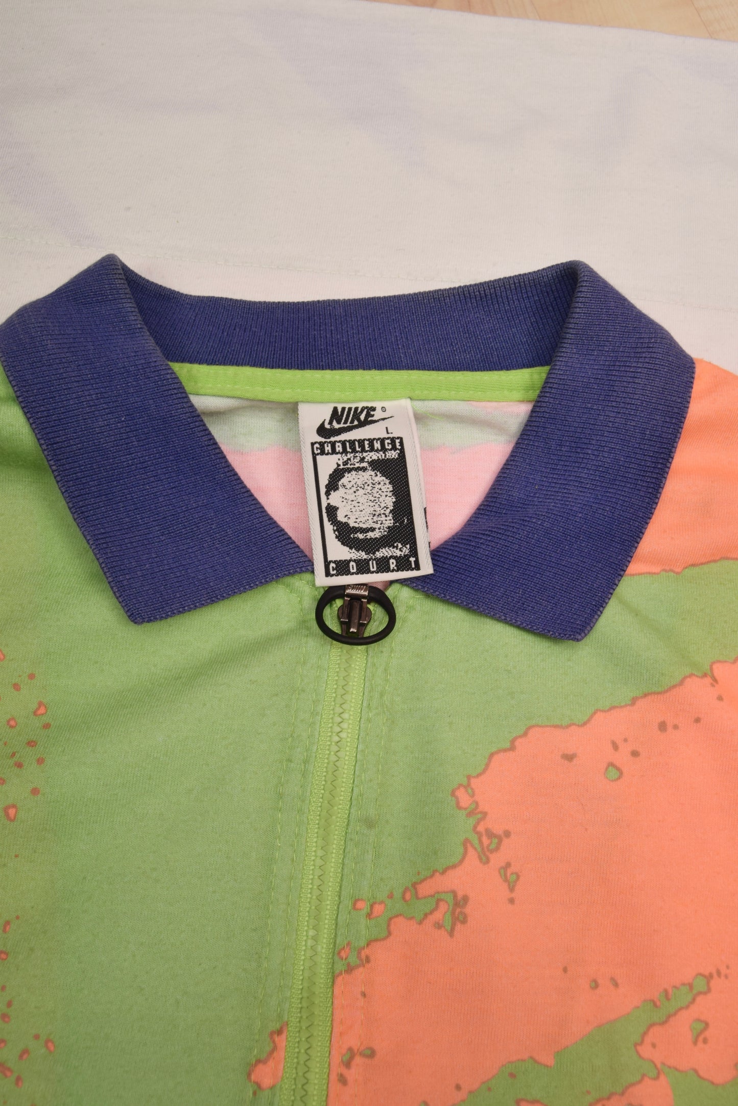 Vintage 90's Nike Challenge Court Tennis Boxy Zip Polo Shirt Size L Green Orange Blue Made in Italy Andre Agassi