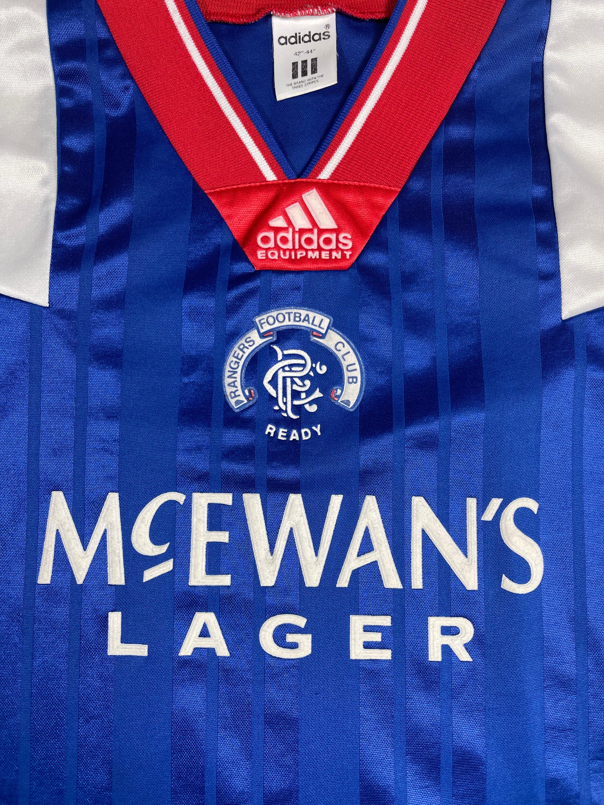 Glasgow Rangers Adidas Equipment 1992 1993 1994 Home Football Shirt McEwan's Lager Size 42''-44''/L Made in UK Blue