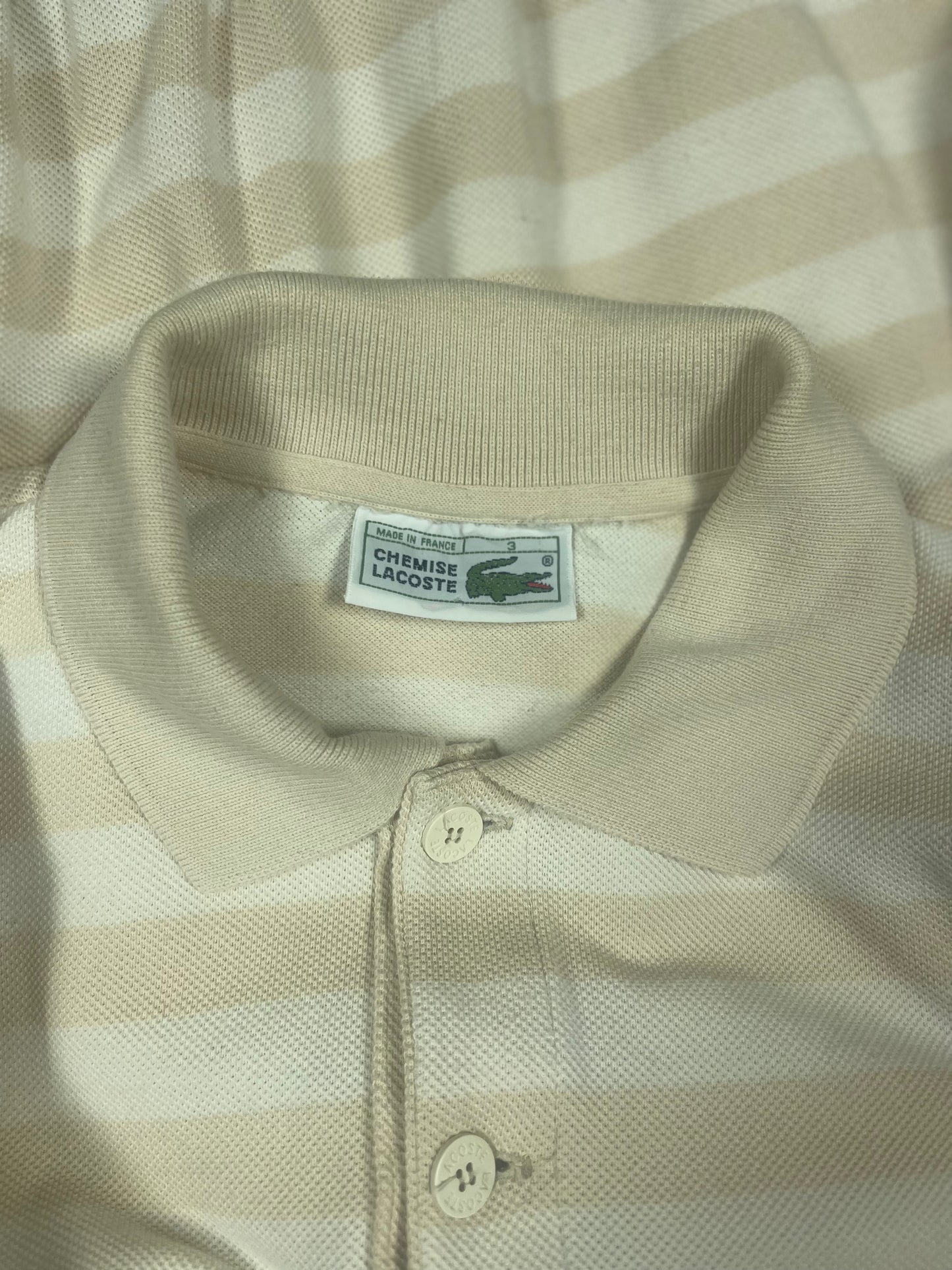 Vintage 80's 90's Lacoste Chemise Pique Fleur de Coton Made in France Striped Polo Collared Polo Sweatshirt Half Button Beige Cotton Size Boxy S-M-L