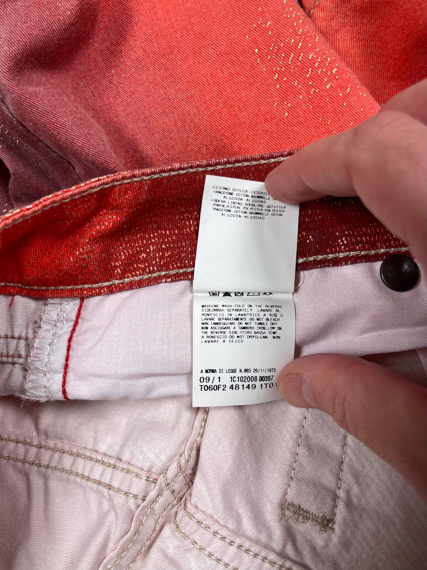 Y2K Just Cavalli Pants Made in Italy Very Low Waist Sunset Orange Pink Gold Shimmer Accents Size M-L