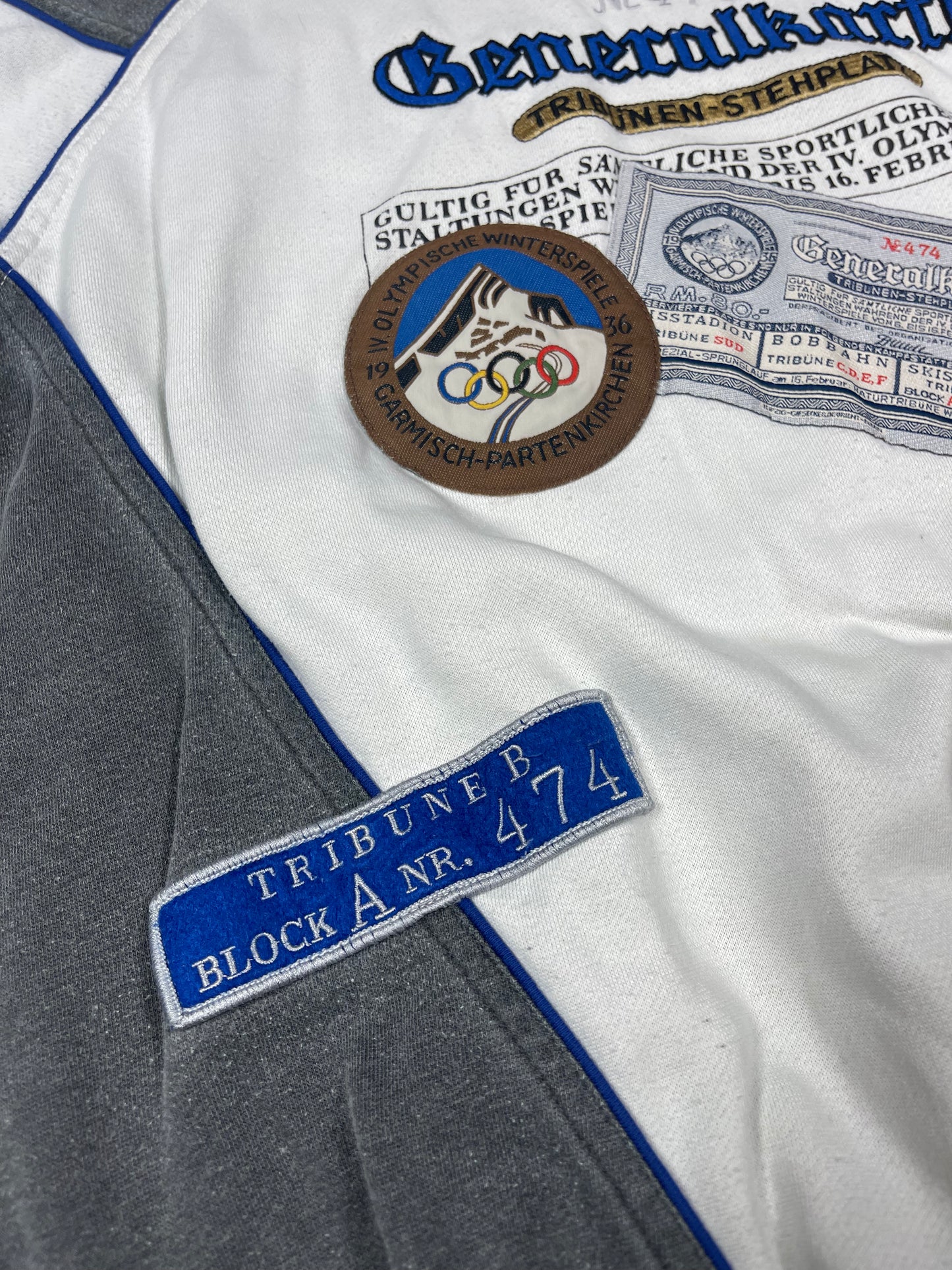 80s 90s Adidas Garmisch 1936 Winter Olympics Sweatshirt Generalkarte Olympische Winterspiele Partenkirchen Tribunen Stehplatz Spezial Sprunglaf 16 February Size M-L