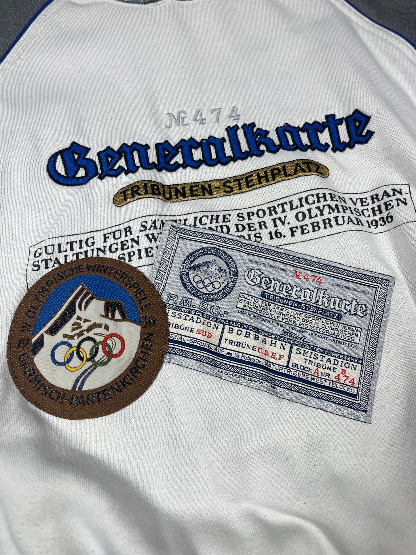 80s 90s Adidas Garmisch 1936 Winter Olympics Sweatshirt Generalkarte Olympische Winterspiele Partenkirchen Tribunen Stehplatz Spezial Sprunglaf 16 February Size M-L