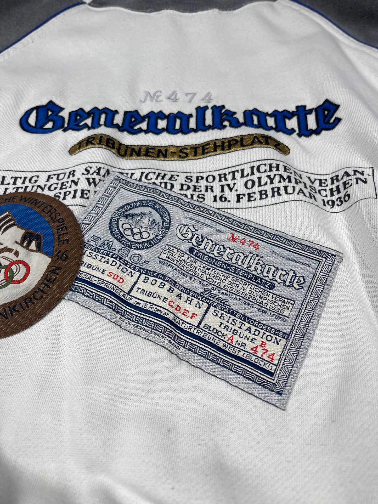 80s 90s Adidas Garmisch 1936 Winter Olympics Sweatshirt Generalkarte Olympische Winterspiele Partenkirchen Tribunen Stehplatz Spezial Sprunglaf 16 February Size M-L