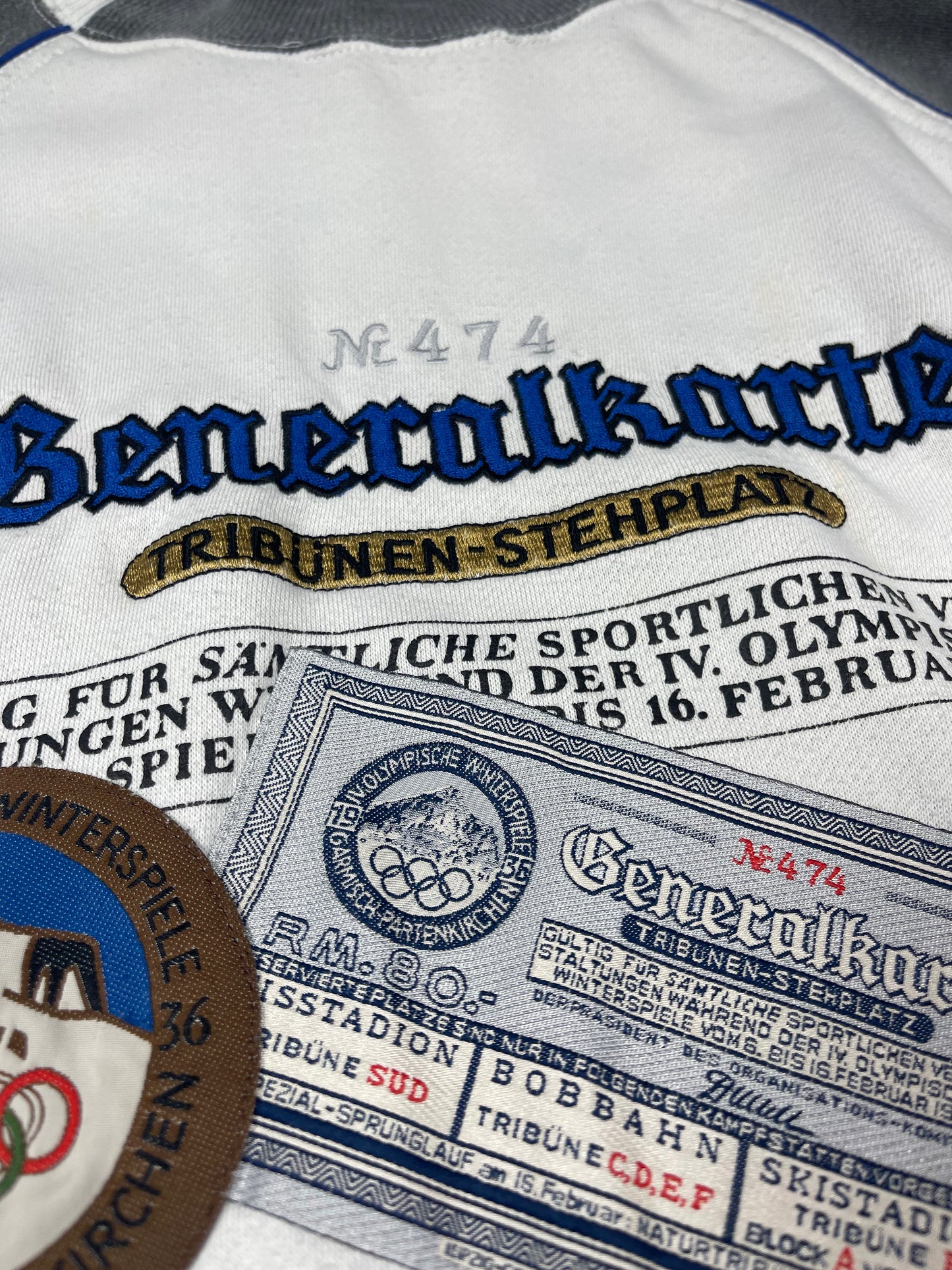 80s 90s Adidas Garmisch 1936 Winter Olympics Sweatshirt Generalkarte Olympische Winterspiele Partenkirchen Tribunen Stehplatz Spezial Sprunglaf 16 February Size M-L