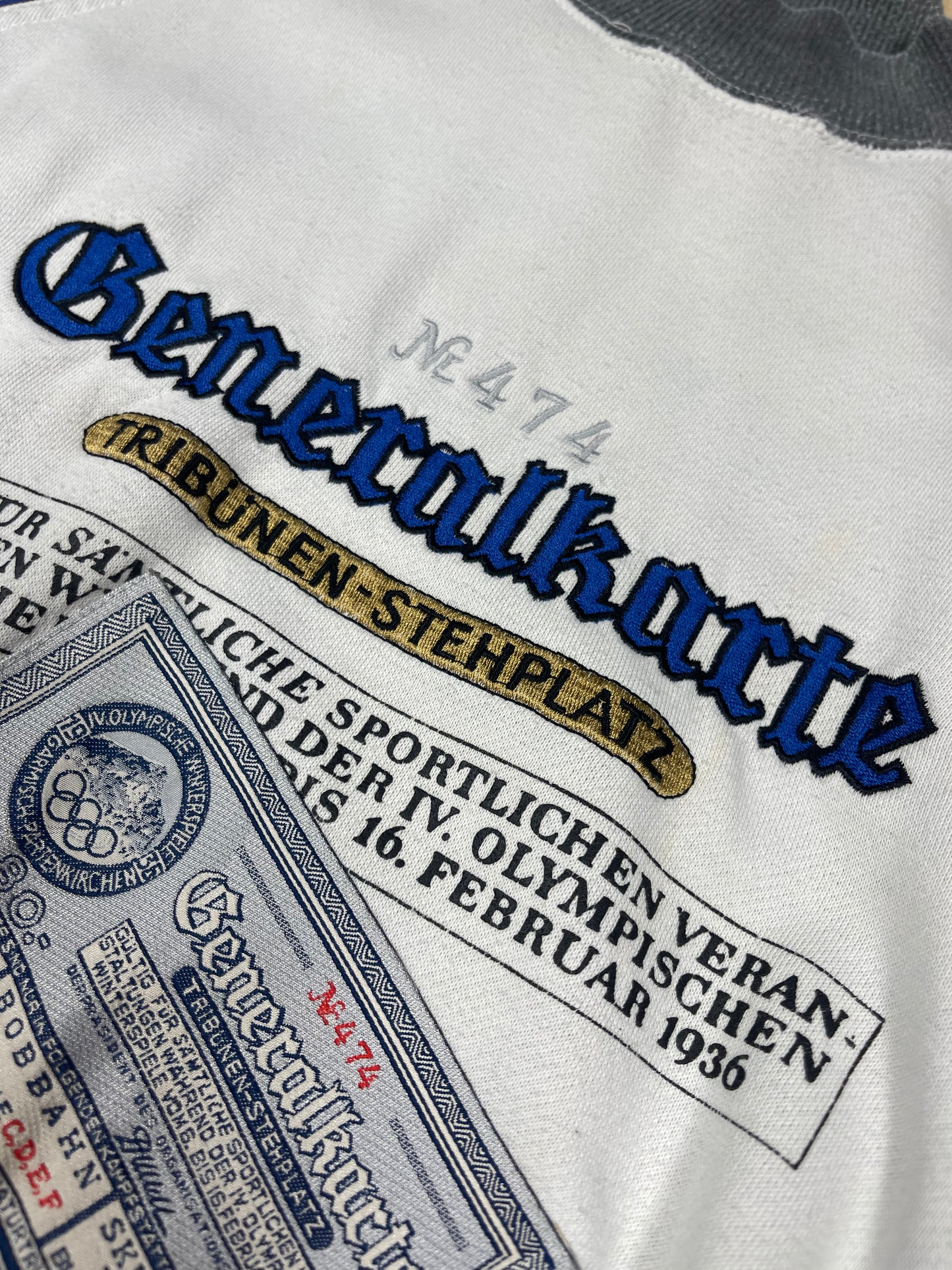80s 90s Adidas Garmisch 1936 Winter Olympics Sweatshirt Generalkarte Olympische Winterspiele Partenkirchen Tribunen Stehplatz Spezial Sprunglaf 16 February Size M-L