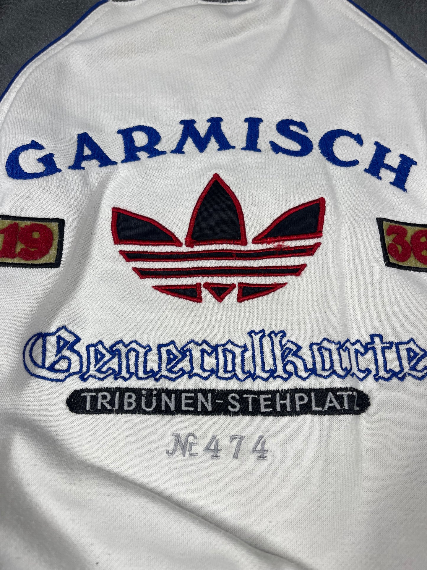 80s 90s Adidas Garmisch 1936 Winter Olympics Sweatshirt Generalkarte Olympische Winterspiele Partenkirchen Tribunen Stehplatz Spezial Sprunglaf 16 February Size M-L