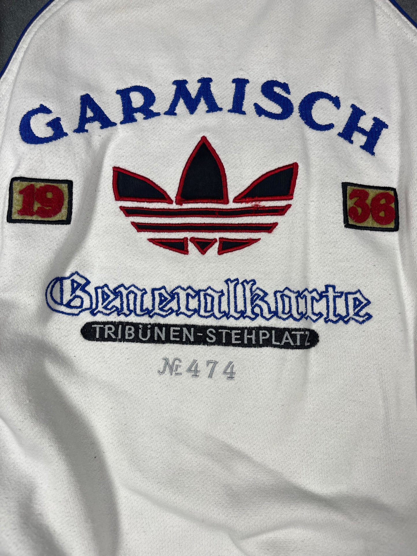 80s 90s Adidas Garmisch 1936 Winter Olympics Sweatshirt Generalkarte Olympische Winterspiele Partenkirchen Tribunen Stehplatz Spezial Sprunglaf 16 February Size M-L