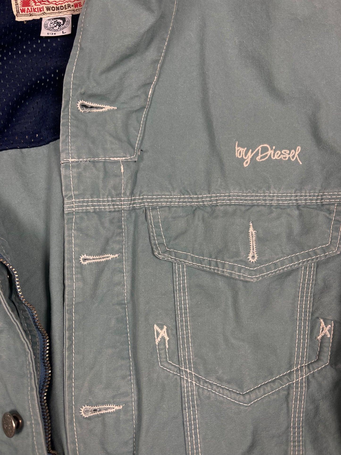 Vintage 80's 90's Diesel Hooded Jacket Size L Made in Italy Waikiki Wonder Wear Light Blue Dusty Blue