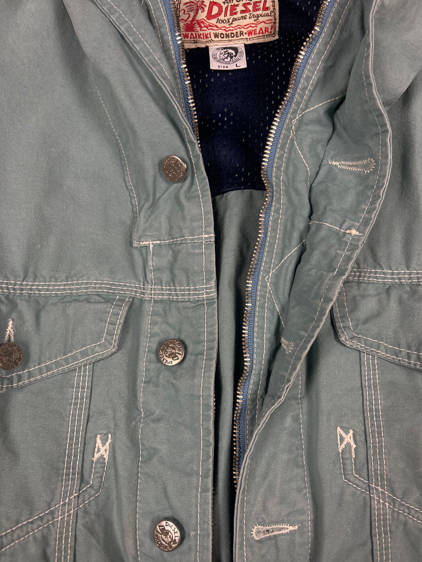 Vintage 80's 90's Diesel Hooded Jacket Size L Made in Italy Waikiki Wonder Wear Light Blue Dusty Blue