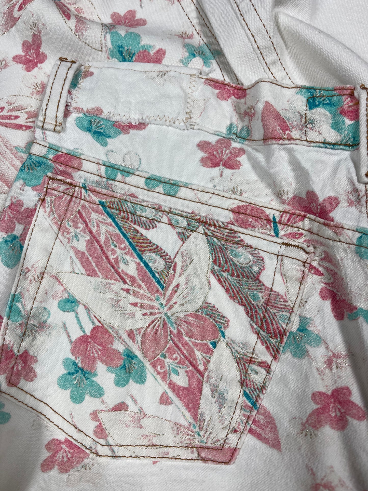 Vintage 90's Roberto Cavalli Mom Jeans Trousers Made in Italy Size M White Romantic Floral Peacock Flowers Butterfly Cotton