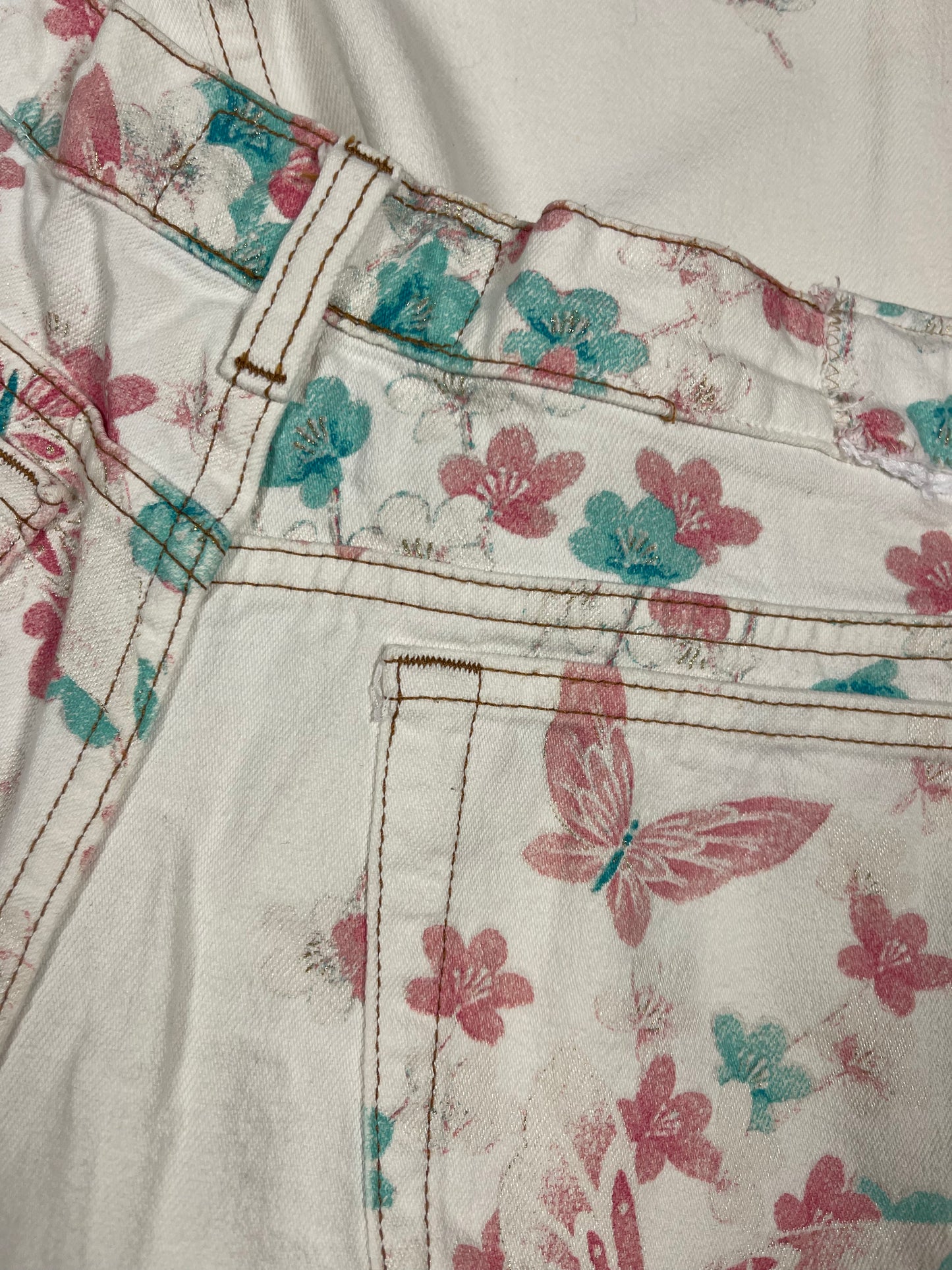 Vintage 90's Roberto Cavalli Mom Jeans Trousers Made in Italy Size M White Romantic Floral Peacock Flowers Butterfly Cotton