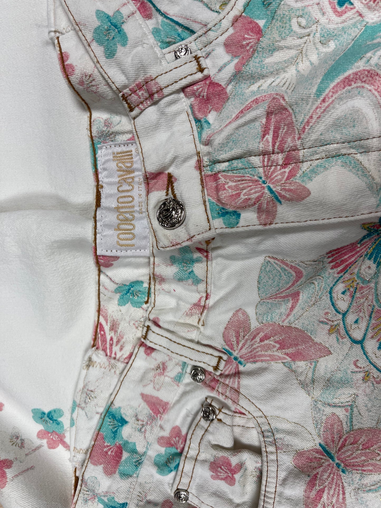 Vintage 90's Roberto Cavalli Mom Jeans Trousers Made in Italy Size M White Romantic Floral Peacock Flowers Butterfly Cotton