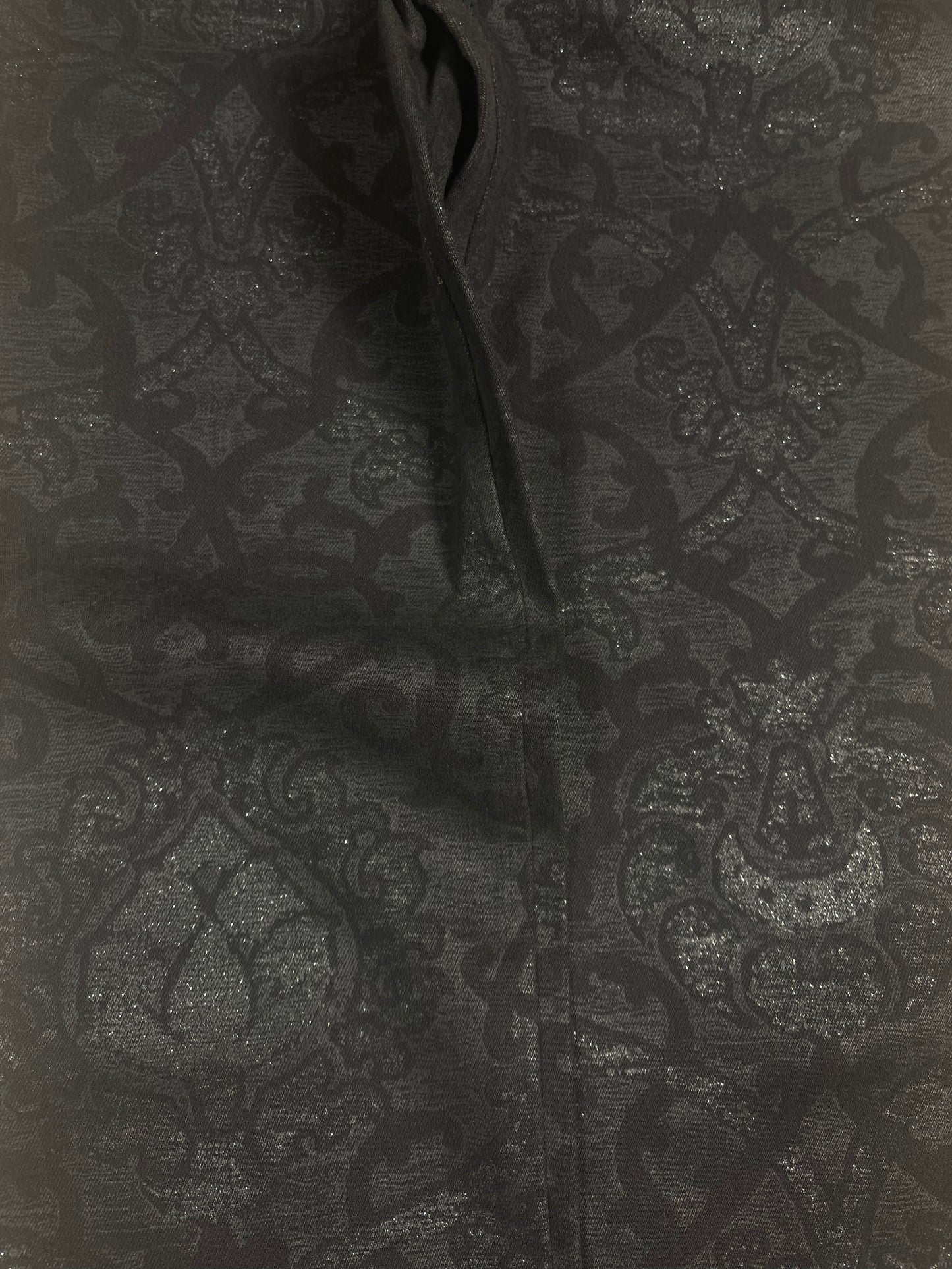 Y2K Roberto Cavalli Pants Jeans Size M Made in Italy Mid-Rise Waist Black Baroque Glitter Metallic Shimmer Cotton Elasthan