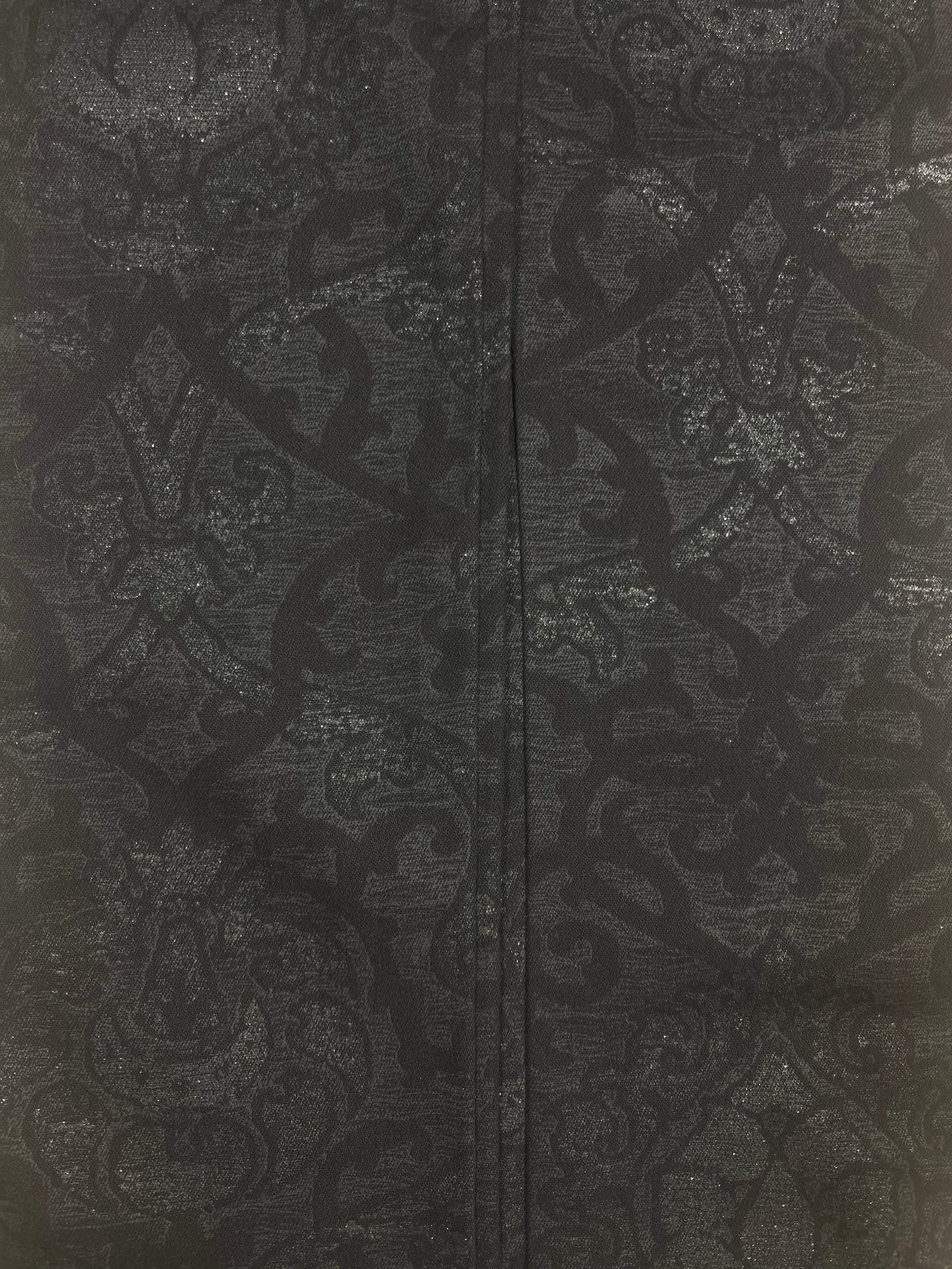 Y2K Roberto Cavalli Pants Jeans Size M Made in Italy Mid-Rise Waist Black Baroque Glitter Metallic Shimmer Cotton Elasthan