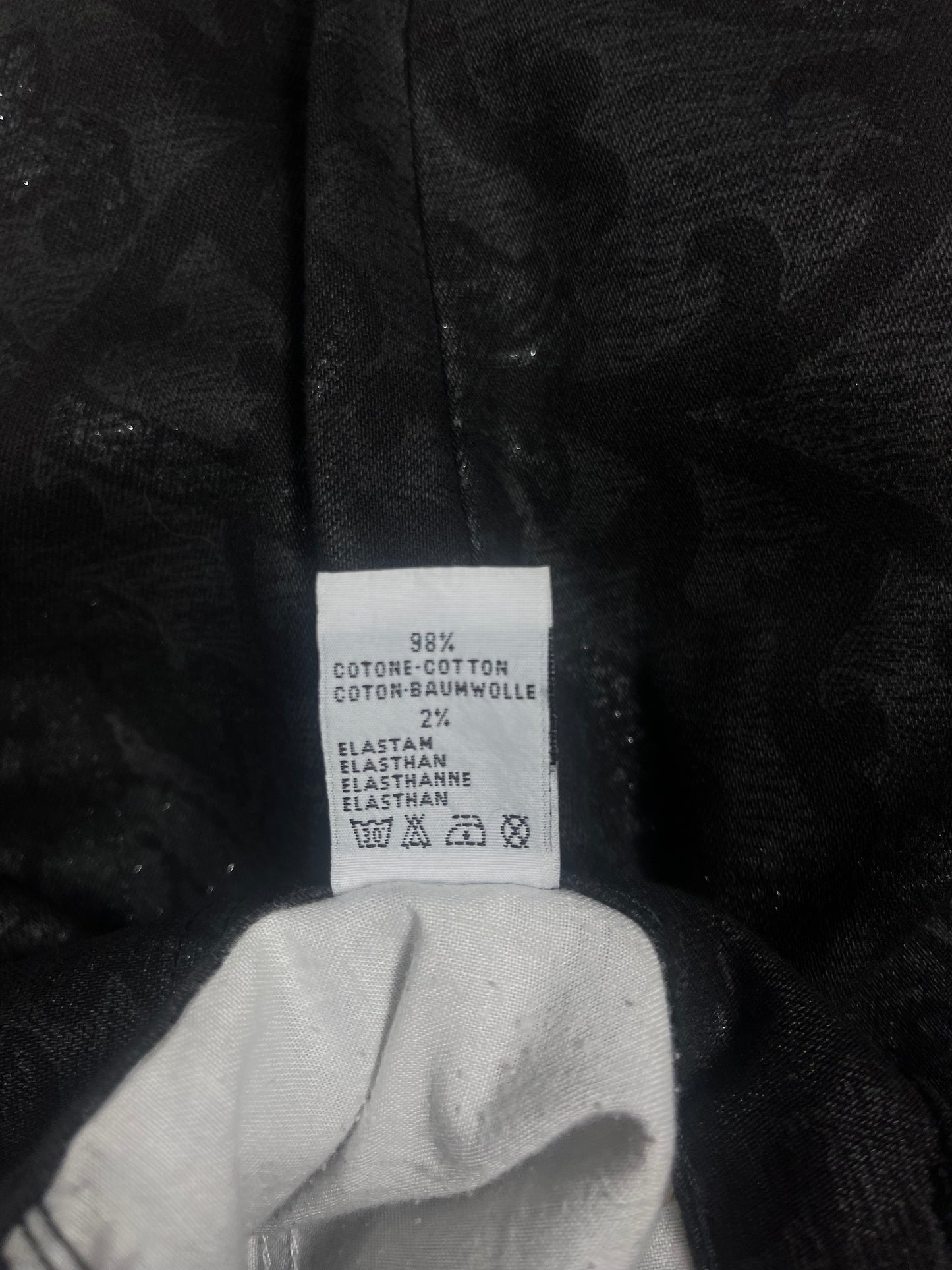 Y2K Roberto Cavalli Pants Jeans Size M Made in Italy Mid-Rise Waist Black Baroque Glitter Metallic Shimmer Cotton Elasthan