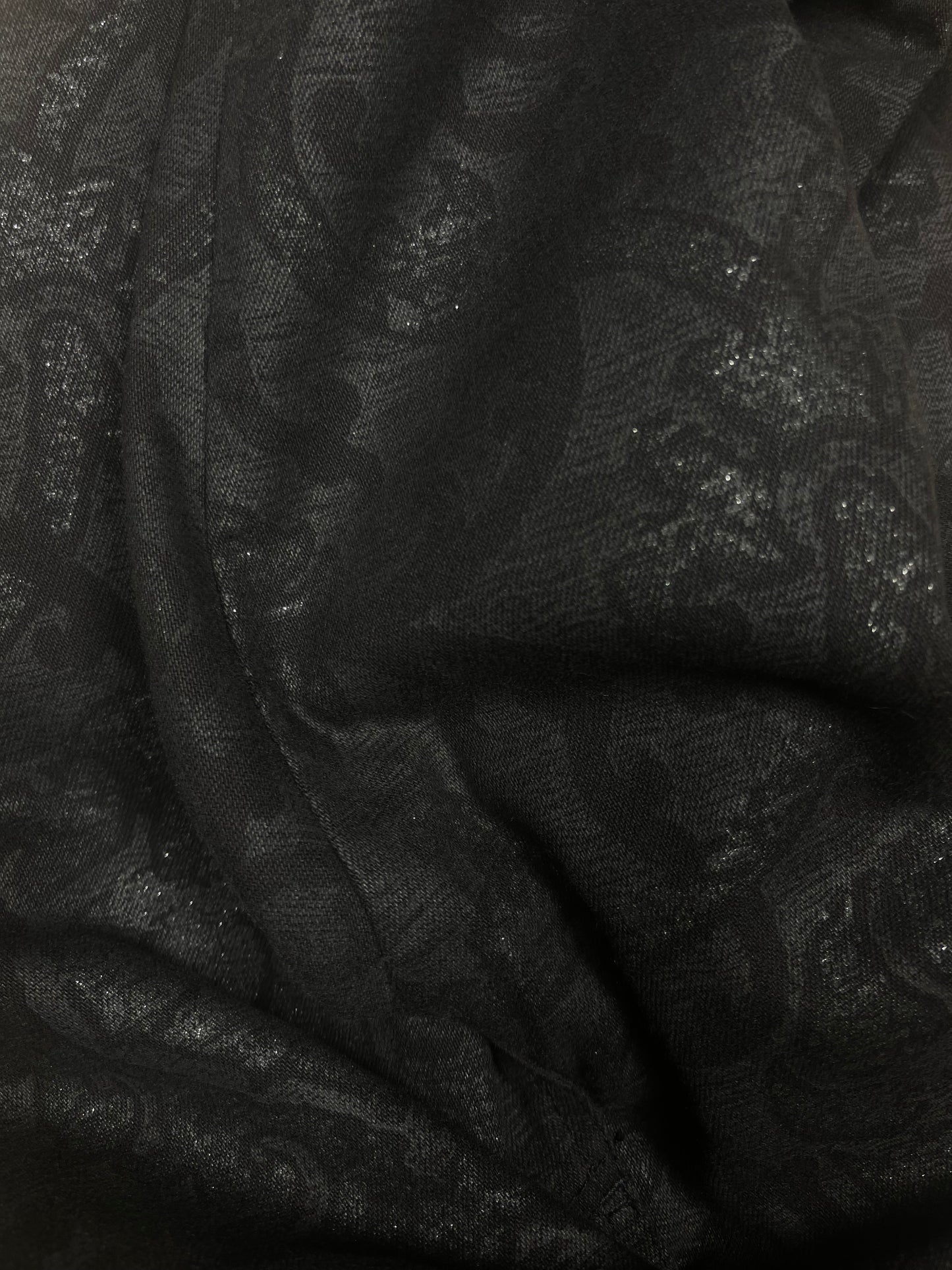 Y2K Roberto Cavalli Pants Jeans Size M Made in Italy Mid-Rise Waist Black Baroque Glitter Metallic Shimmer Cotton Elasthan