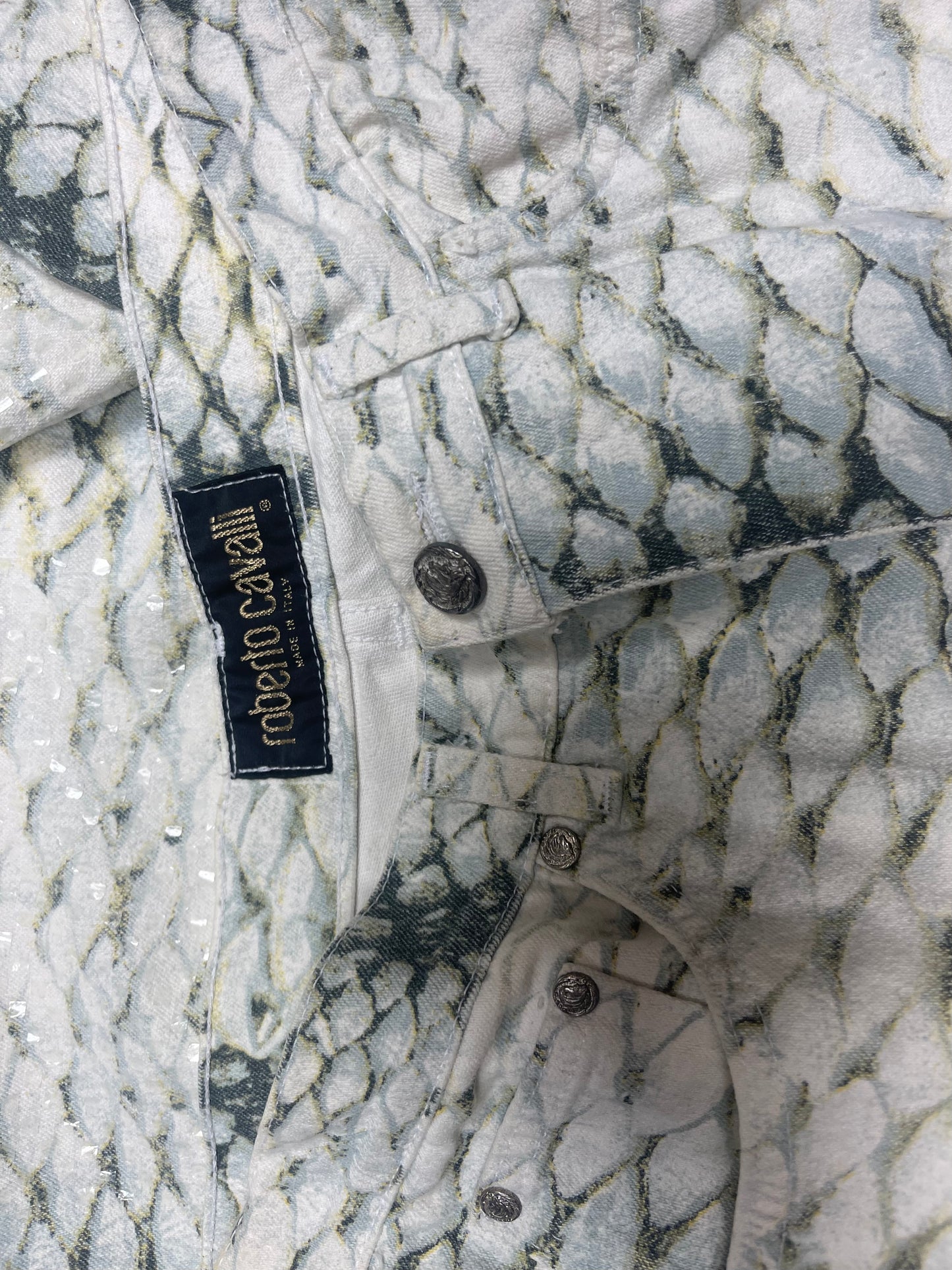 Vintage Roberto Cavalli Jeans Pants Made in Italy Size L Snakeskin Pattern Shiny Scales