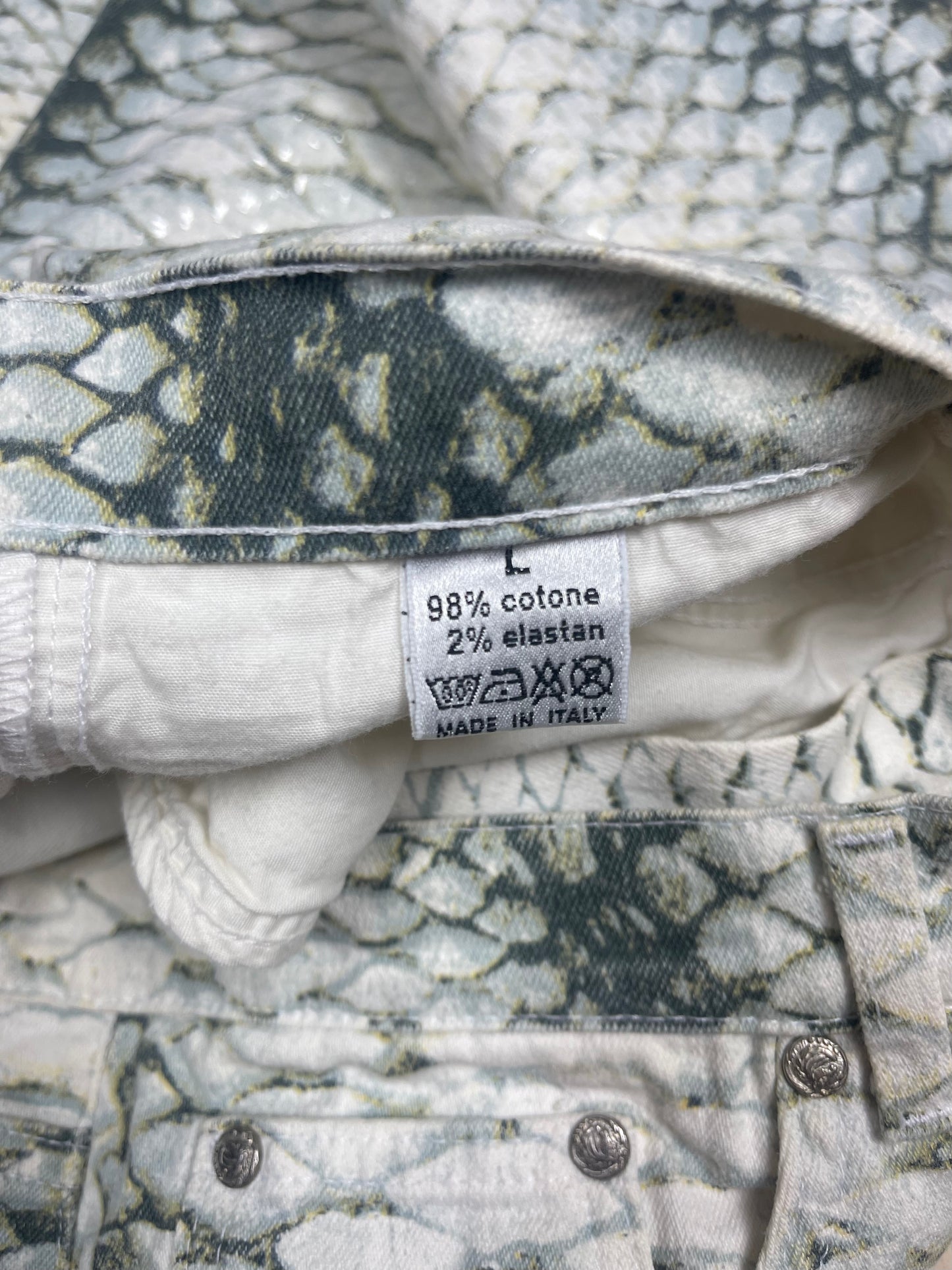 Vintage Roberto Cavalli Jeans Pants Made in Italy Size L Snakeskin Pattern Shiny Scales