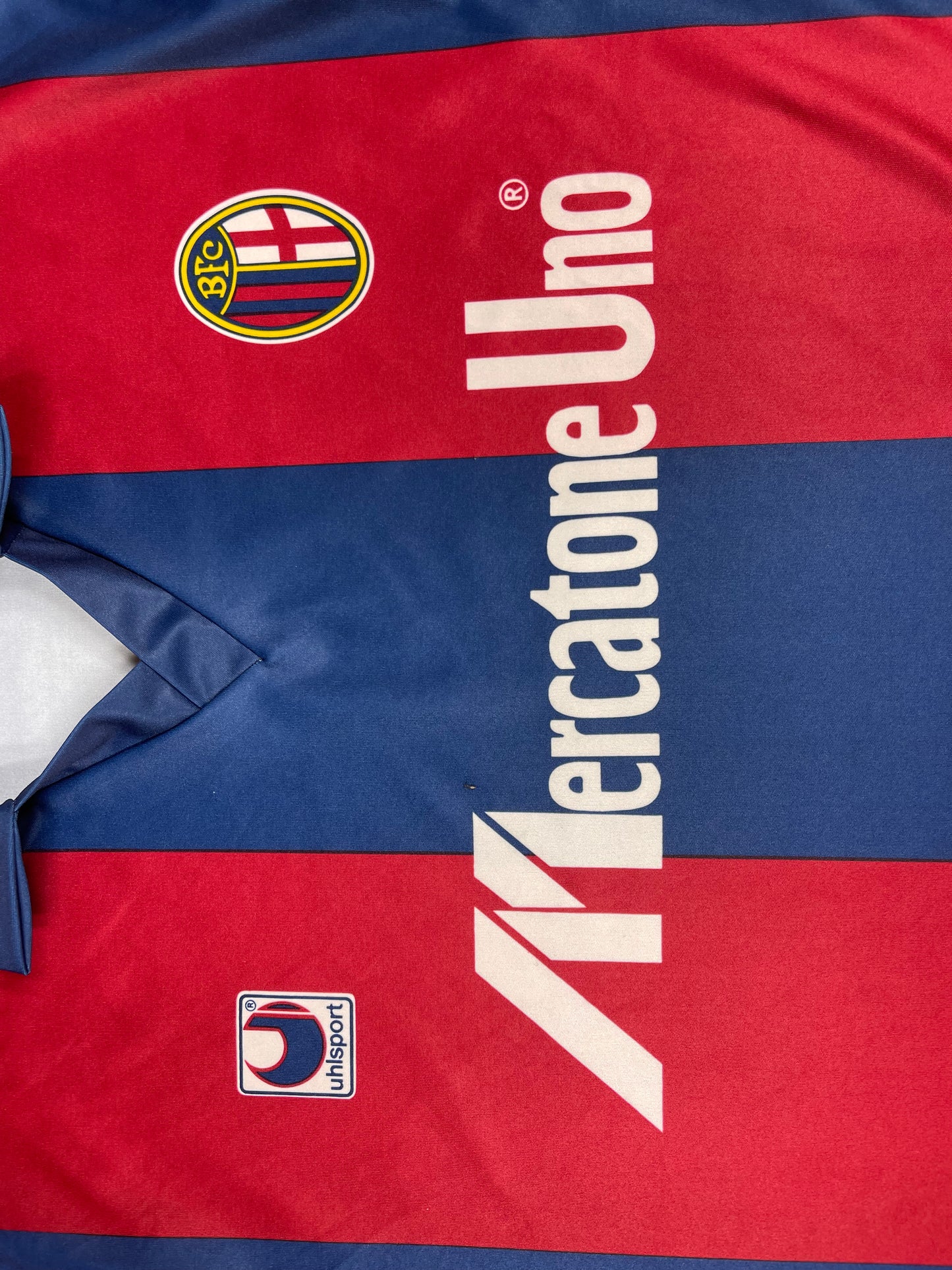 Vintage Bologna Uhlsport 1990 -1991 Home Football Shirt Size L Made in Italy Mercatone Uno Red Blue Long Sleeve