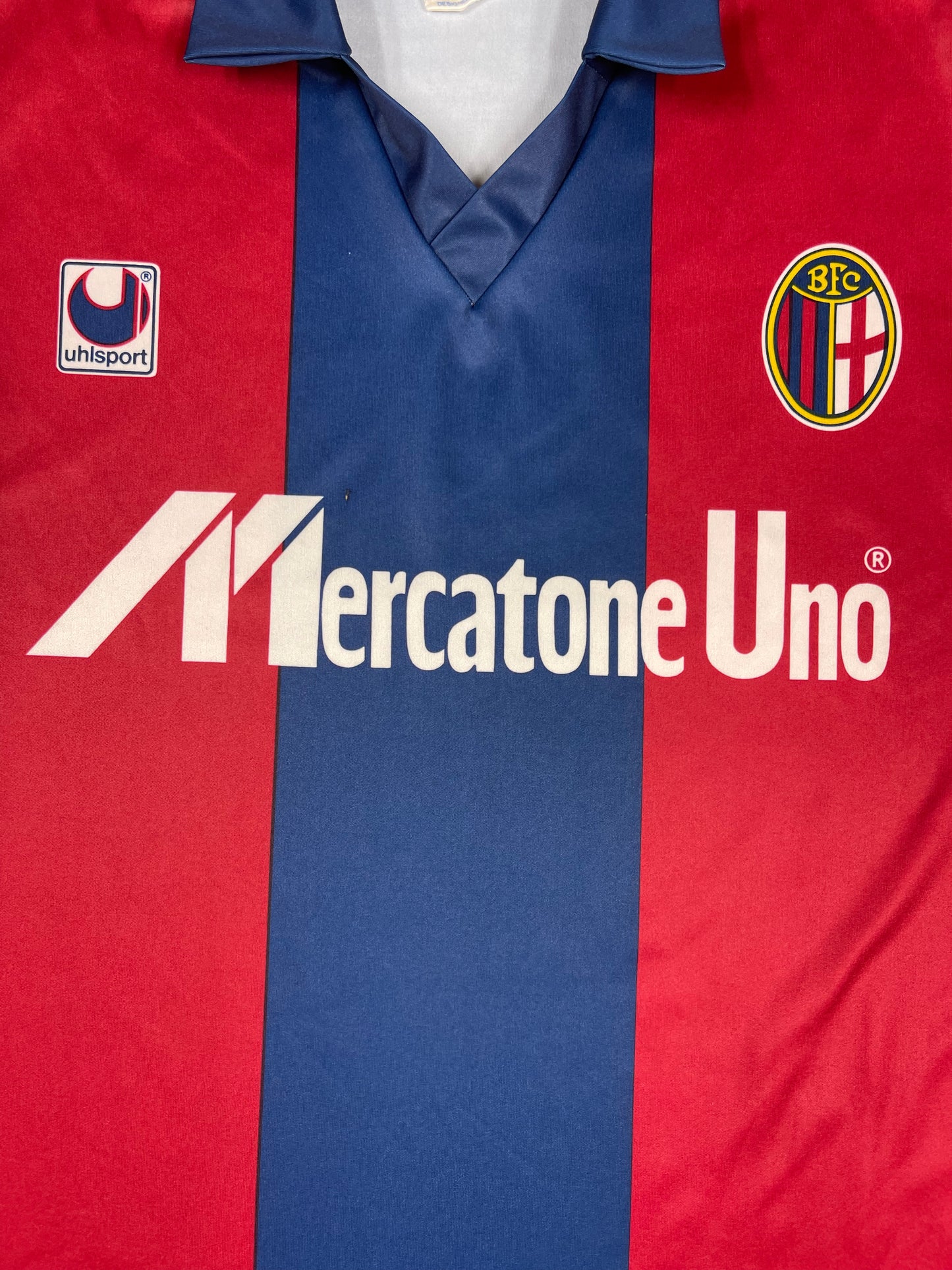 Vintage Bologna Uhlsport 1990 -1991 Home Football Shirt Size L Made in Italy Mercatone Uno Red Blue Long Sleeve