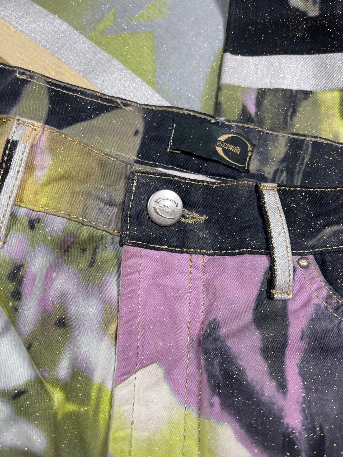 🌼 Y2K Just Cavalli Jeans Pants Trousers Floral Botanical Print Glitter Straight Leg Low Waist Made in Italy Size M