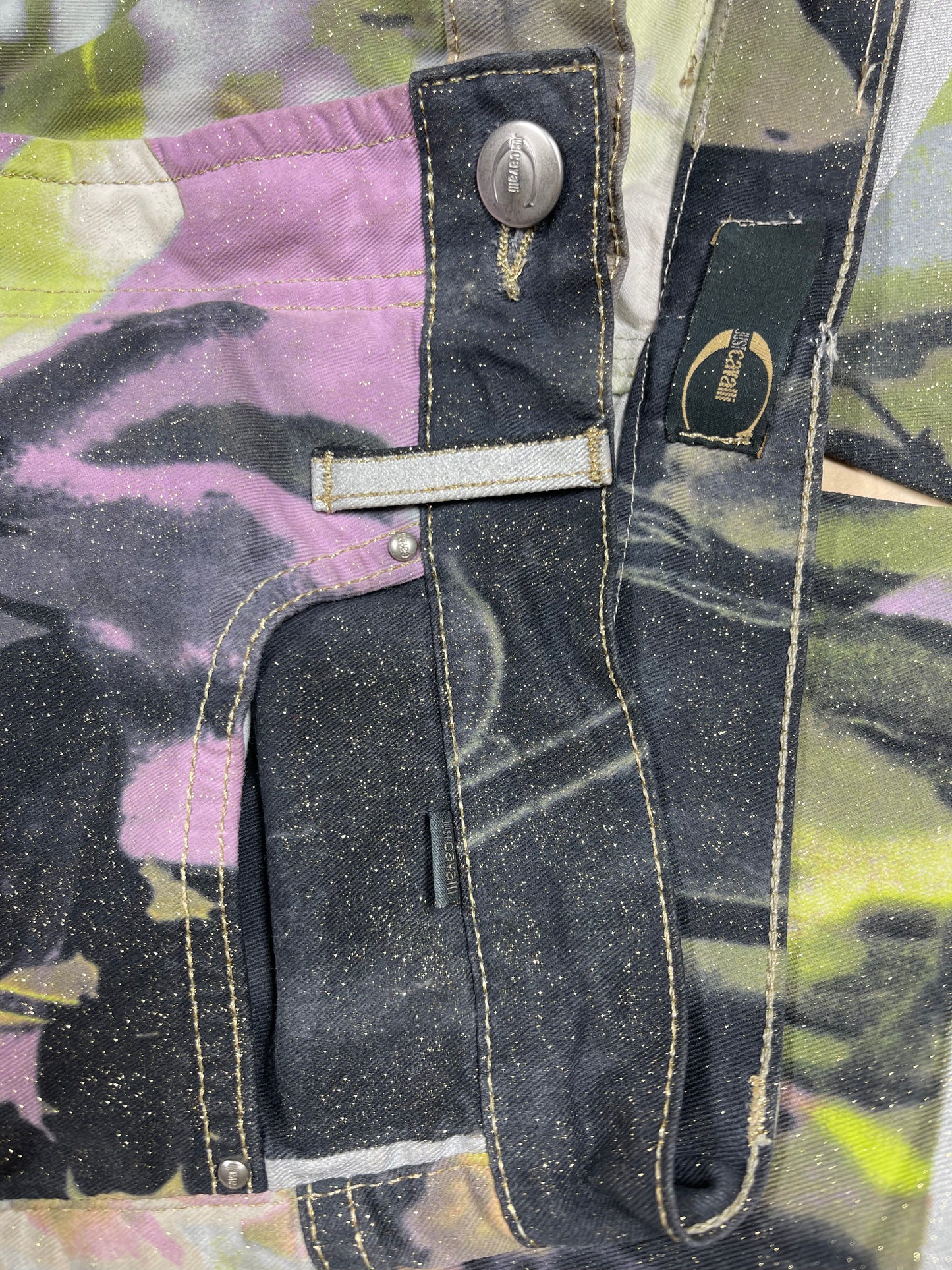 🌼 Y2K Just Cavalli Jeans Pants Trousers Floral Botanical Print Glitter Straight Leg Low Waist Made in Italy Size M