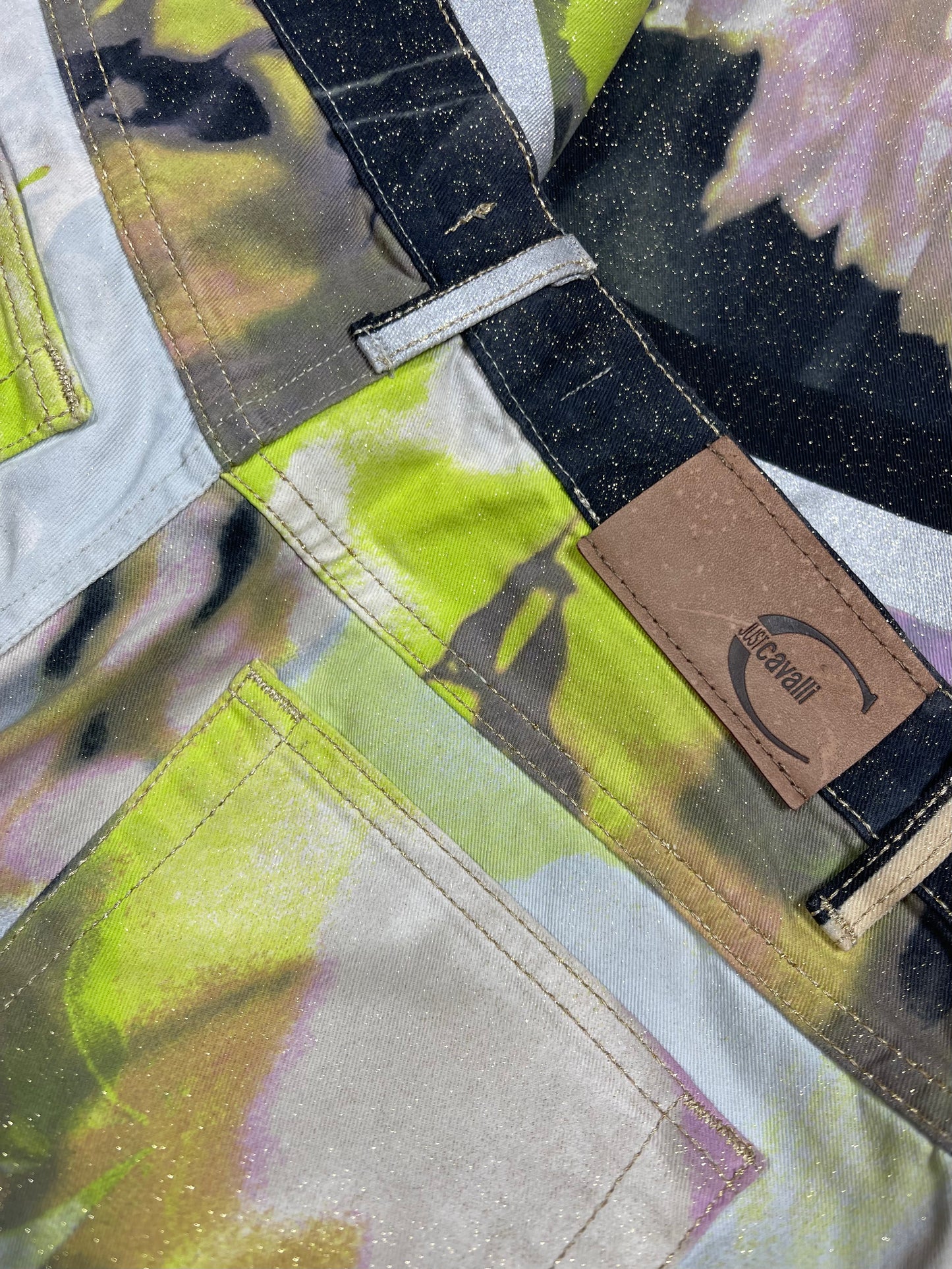🌼 Y2K Just Cavalli Jeans Pants Trousers Floral Botanical Print Glitter Straight Leg Low Waist Made in Italy Size M