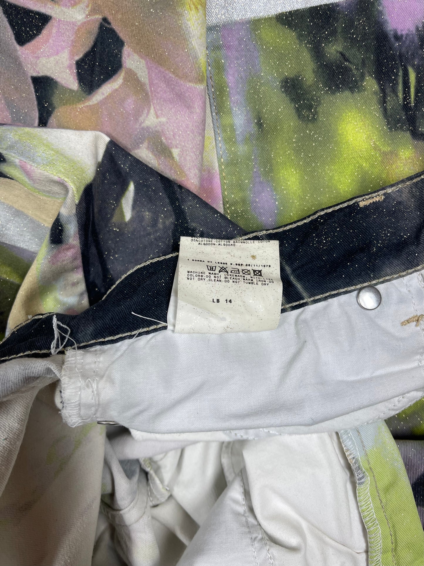 🌼 Y2K Just Cavalli Jeans Pants Trousers Floral Botanical Print Glitter Straight Leg Low Waist Made in Italy Size M