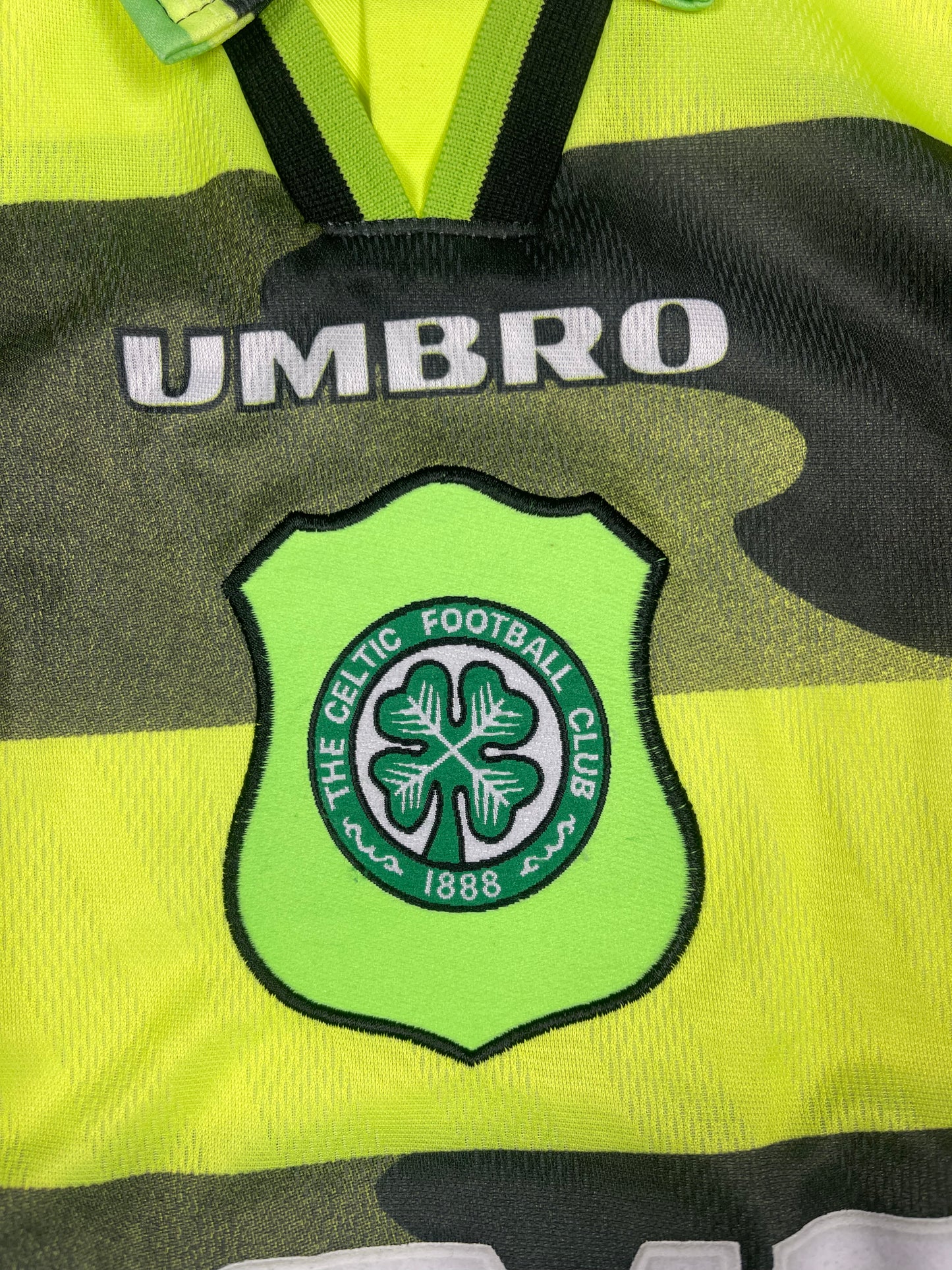 Vintage Celtic Glasgow FC Umbro 1996 - 1997 Away Football Shirt Soccer Jersey Made in England CR SMITH Neon Lime Yellow Black Size XXL