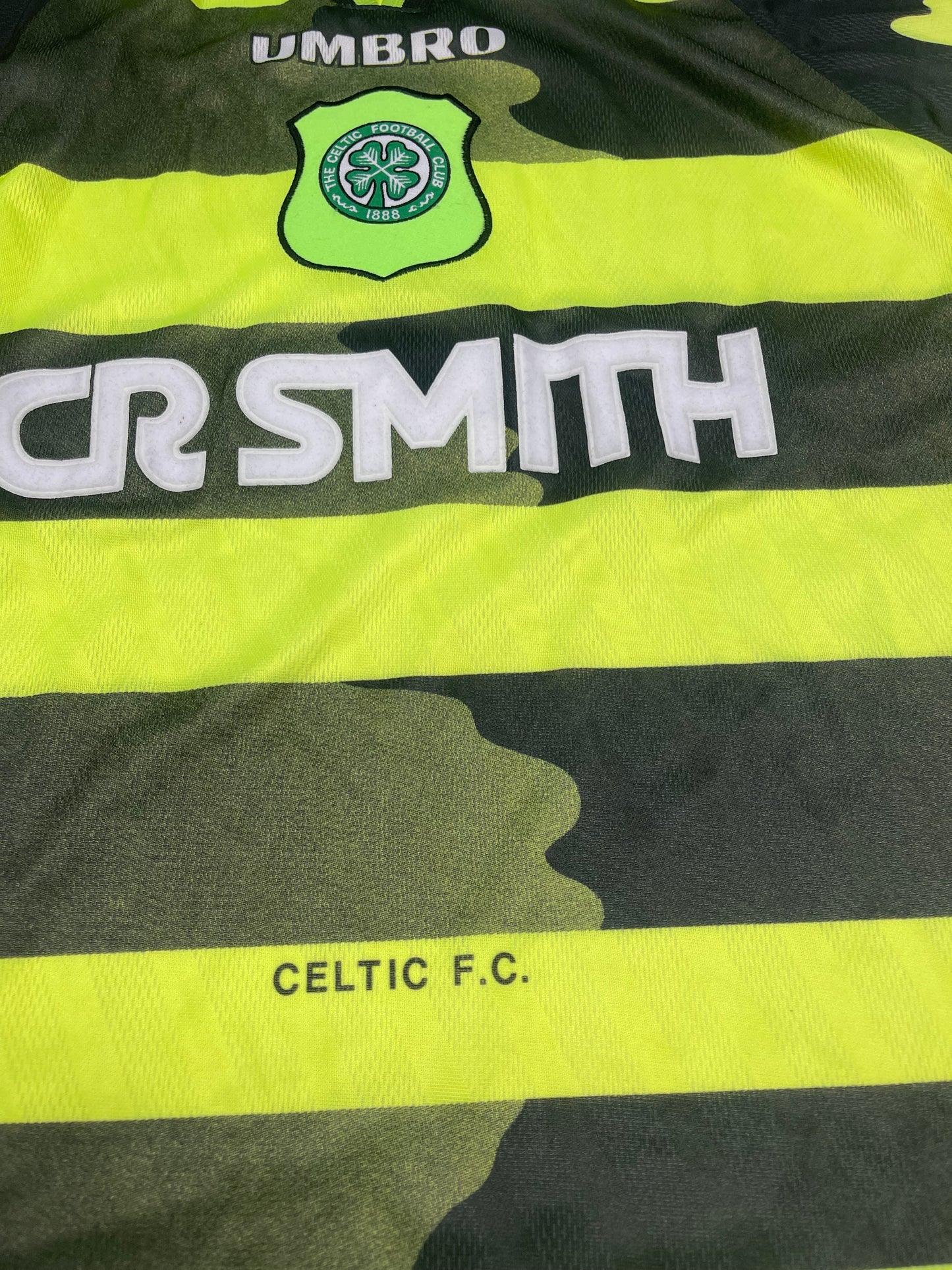 Vintage Celtic Glasgow FC Umbro 1996 - 1997 Away Football Shirt Soccer Jersey Made in England CR SMITH Neon Lime Yellow Black Size XXL